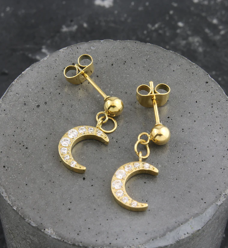 Gold PVD Crescent Moon CZ Dangle Stainless Steel Stud Earrings - Image 2
