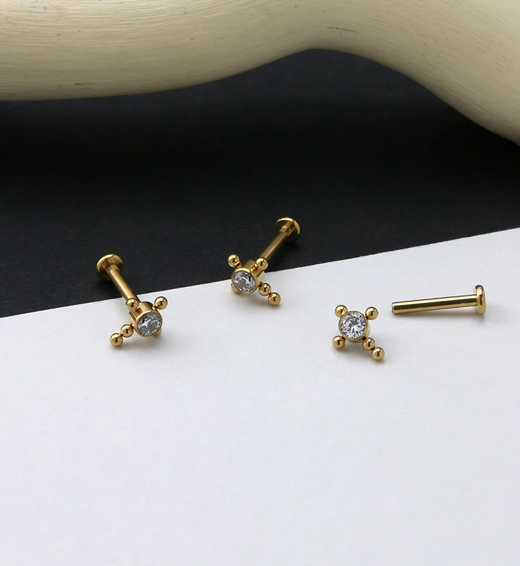 Gold PVD Cross Centered Clear CZ Titanium Labret - Image 2