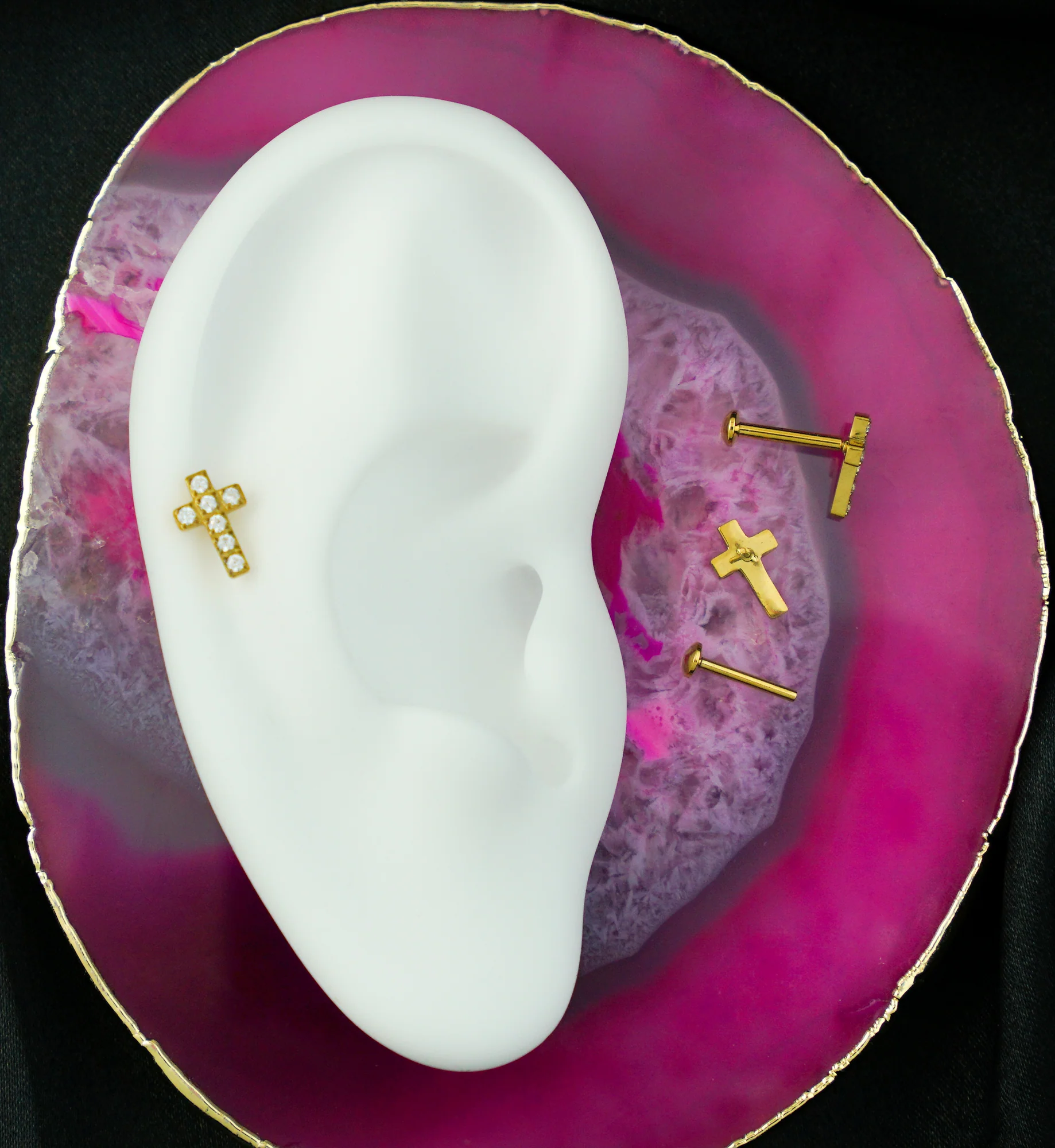 Gold PVD Cross Clear CZ Stainless Steel Convex Back Threadless Labret - Image 2