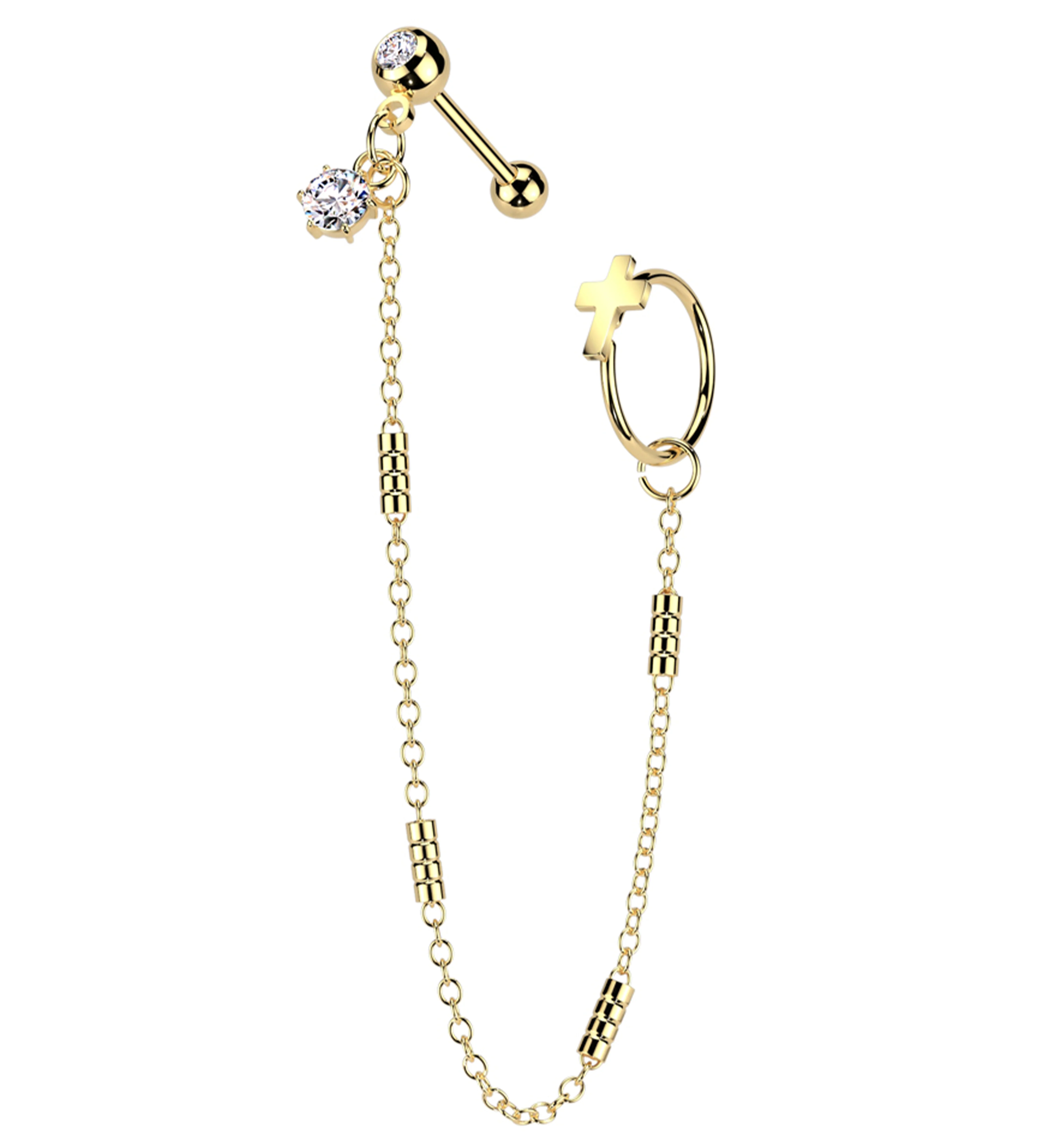 Gold PVD Cross Hoop/Barbell Clear CZ Stainless Steel Piercing Chain