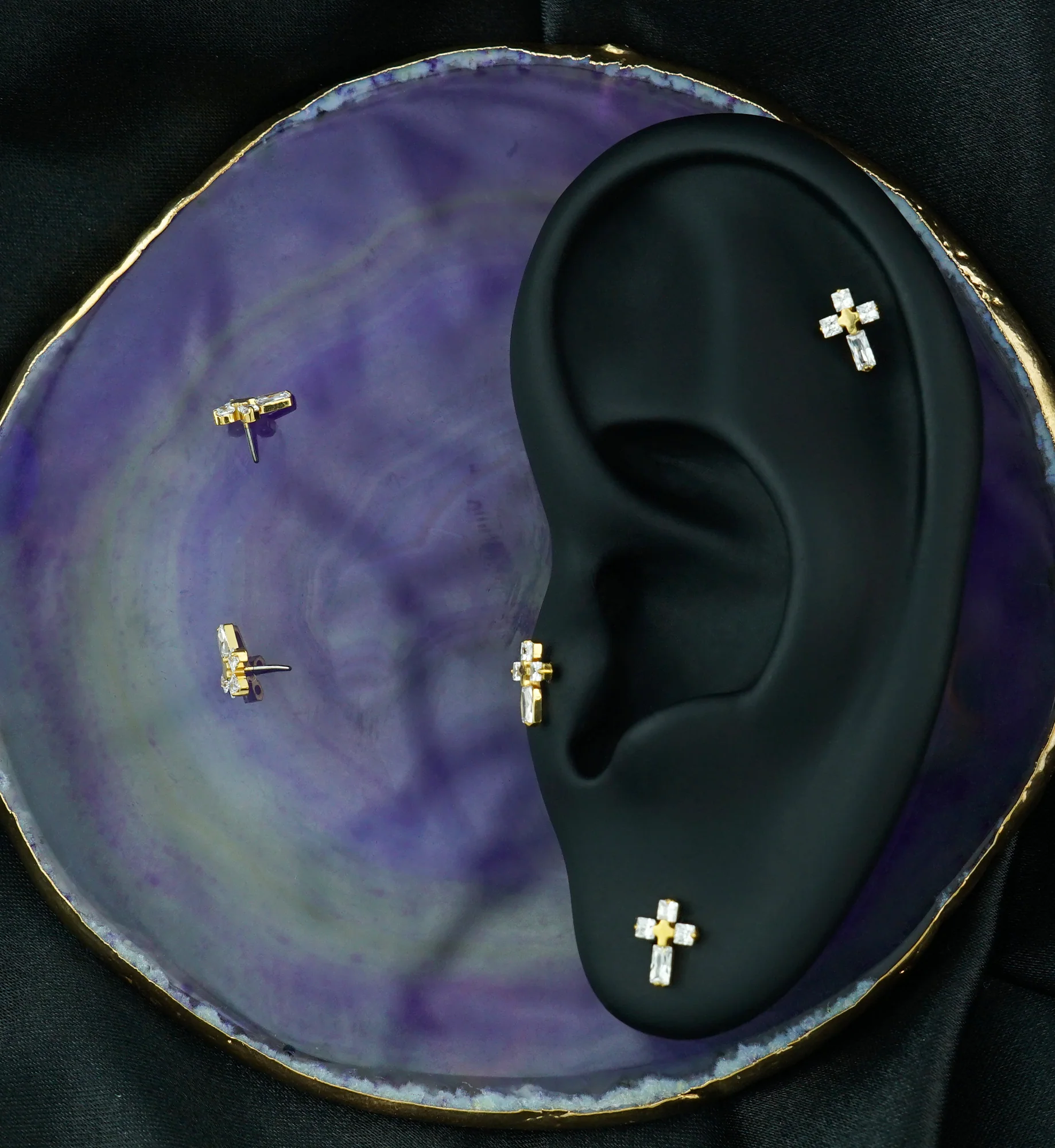 Gold PVD Cross Square Clear CZ Titanium Threadless Top - Image 2