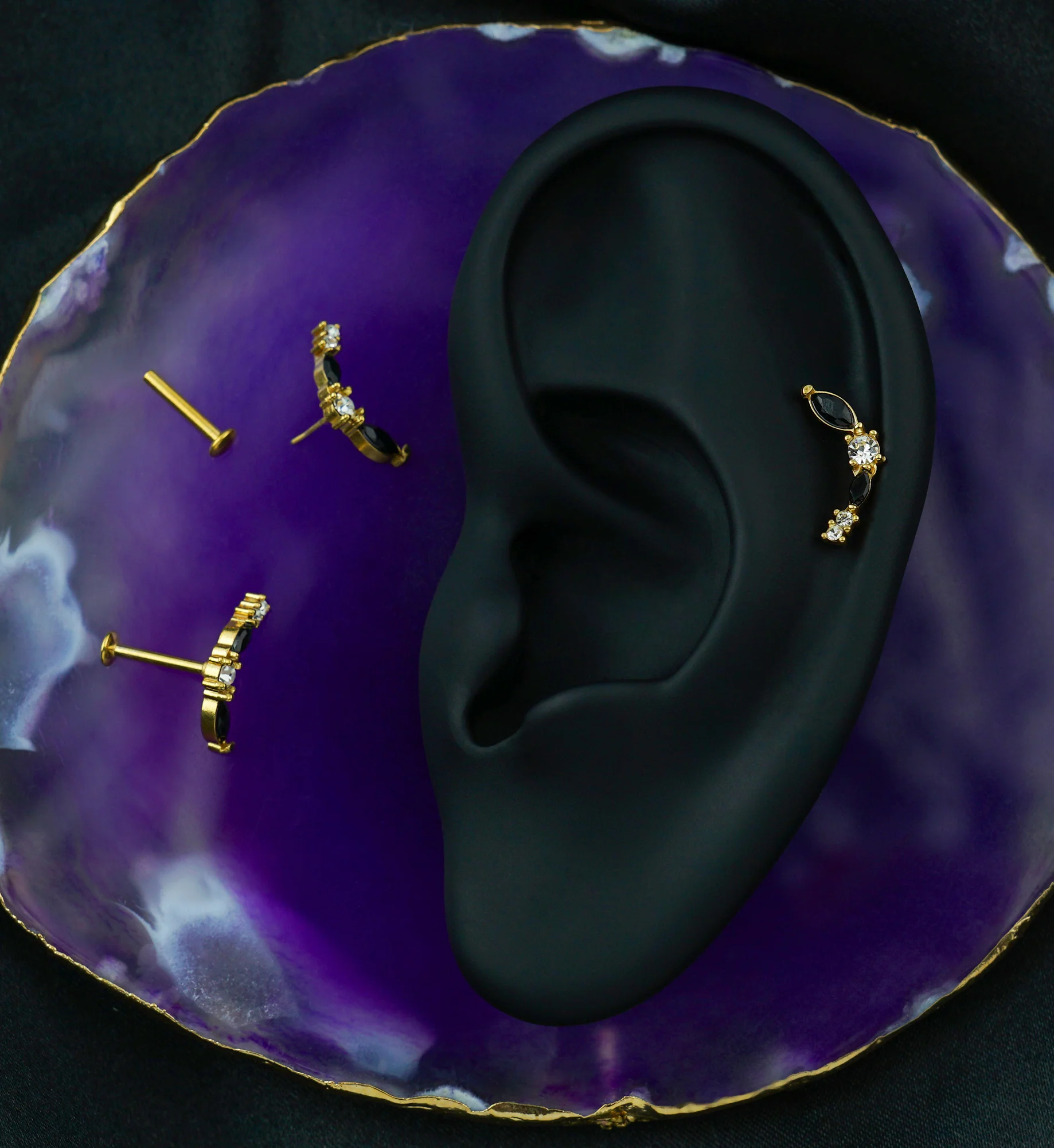 Gold PVD Curve Marquise Black And Clear CZ Threadless Titanium Labret - Image 2