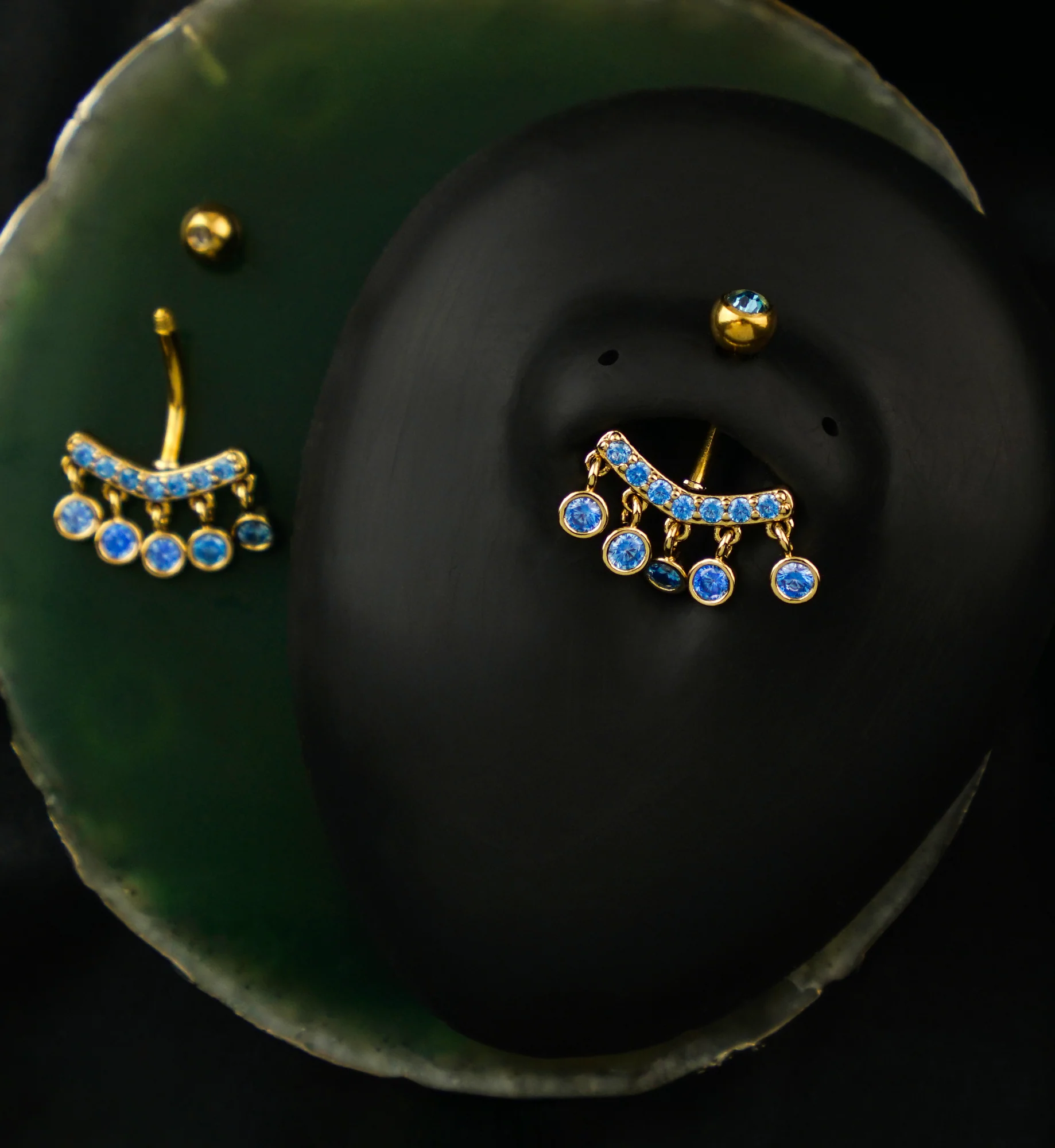 Gold PVD Curve Quinate Light Blue CZ Dangle Stainless Steel Belly Button Ring - Image 2