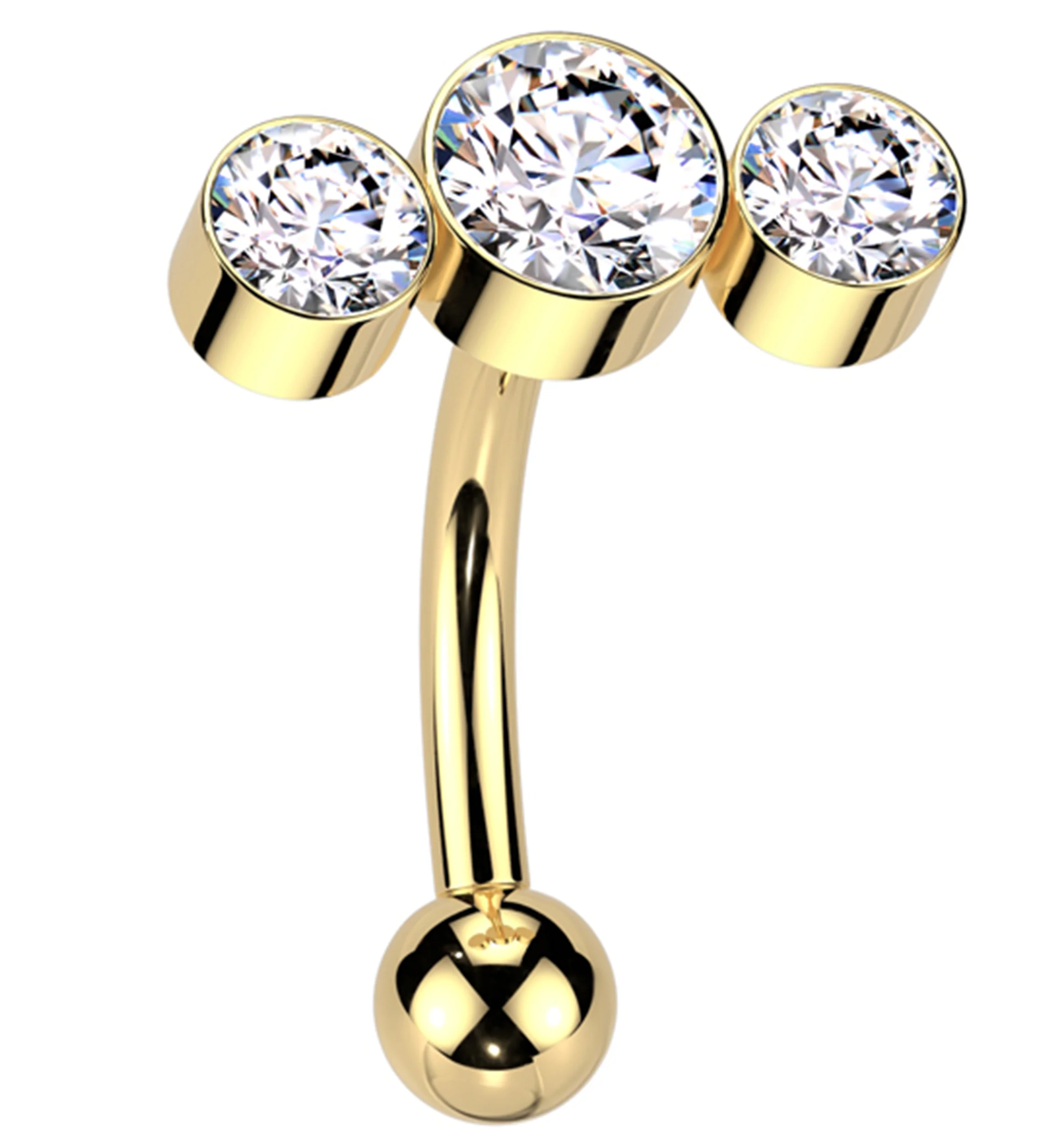 Gold PVD Curve Triple Clear CZ Threadless Titanium Curved Barbell