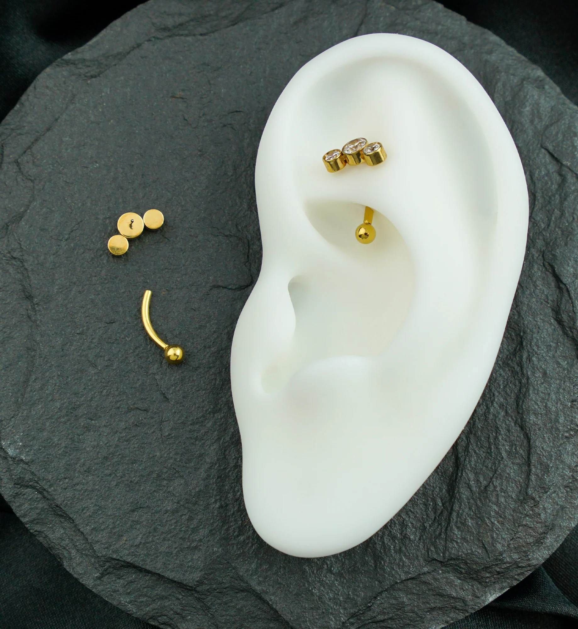 Gold PVD Curve Triple Clear CZ Threadless Titanium Curved Barbell - Image 2
