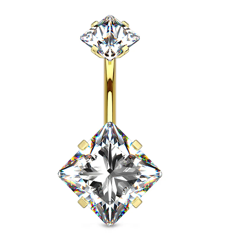 Gold PVD CZ Square Internally Threaded Belly Button Ring