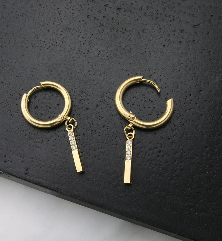 Gold PVD Dangle Bar CZ Stainless Steel Hinged Earrings - Image 2