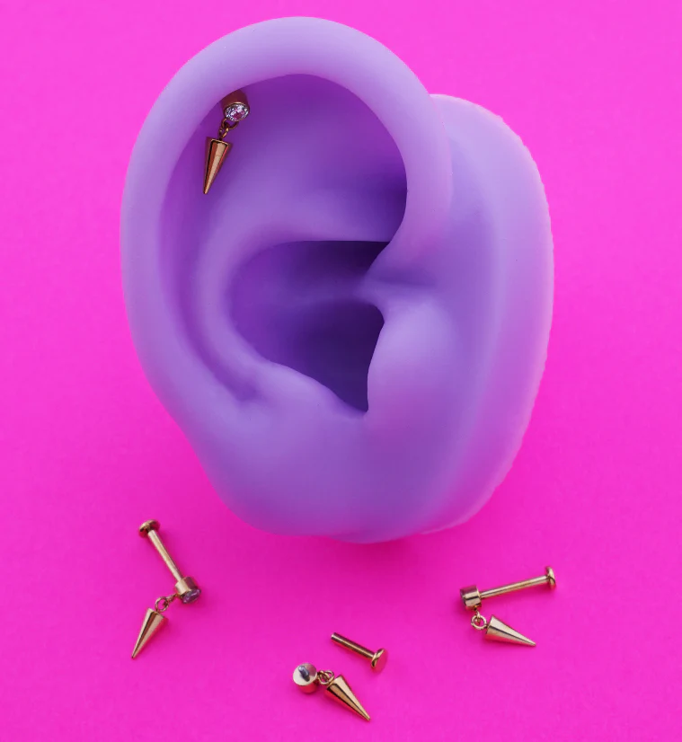 Gold PVD Dangle Cone Clear CZ Internally Threaded Titanium Labret - Image 2