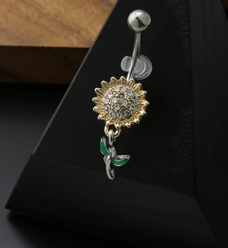 Gold PVD Dangle Sunflower CZ Stainless Steel Belly Button Ring - Image 2