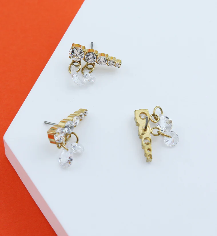Gold PVD Descending Clear CZ Dangle Charms Titanium Threadless Top - Image 2