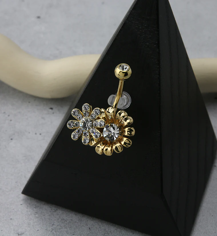Gold PVD Double Flower CZ Belly Ring - Image 2