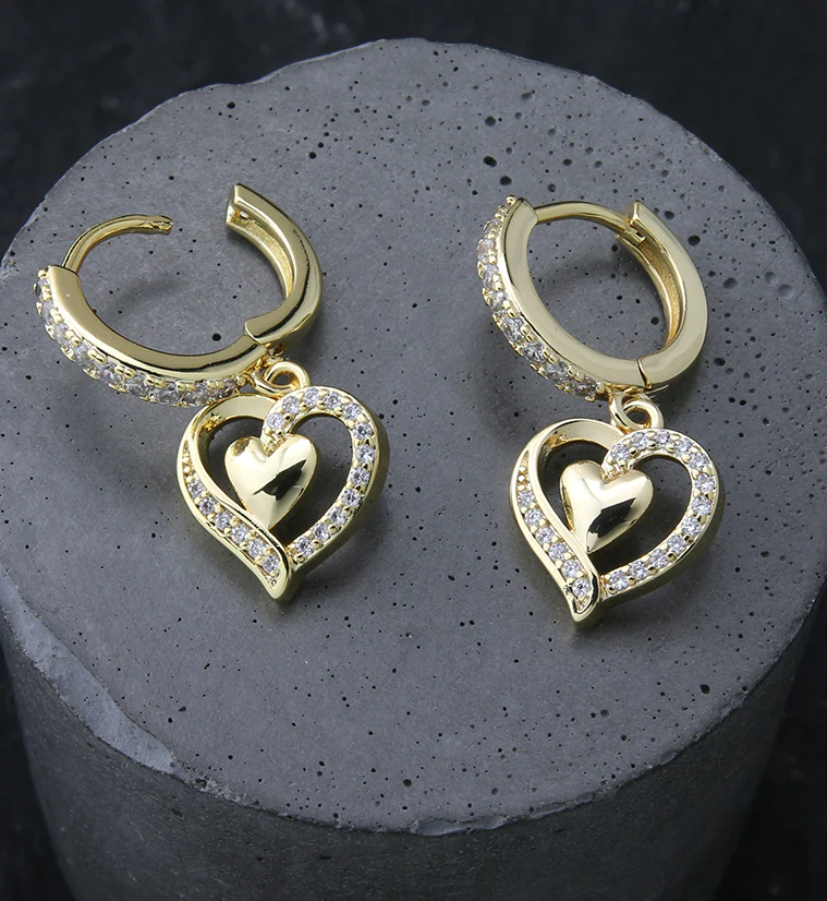 Gold PVD Double Heart CZ Stainless Steel Hoop Earrings - Image 2