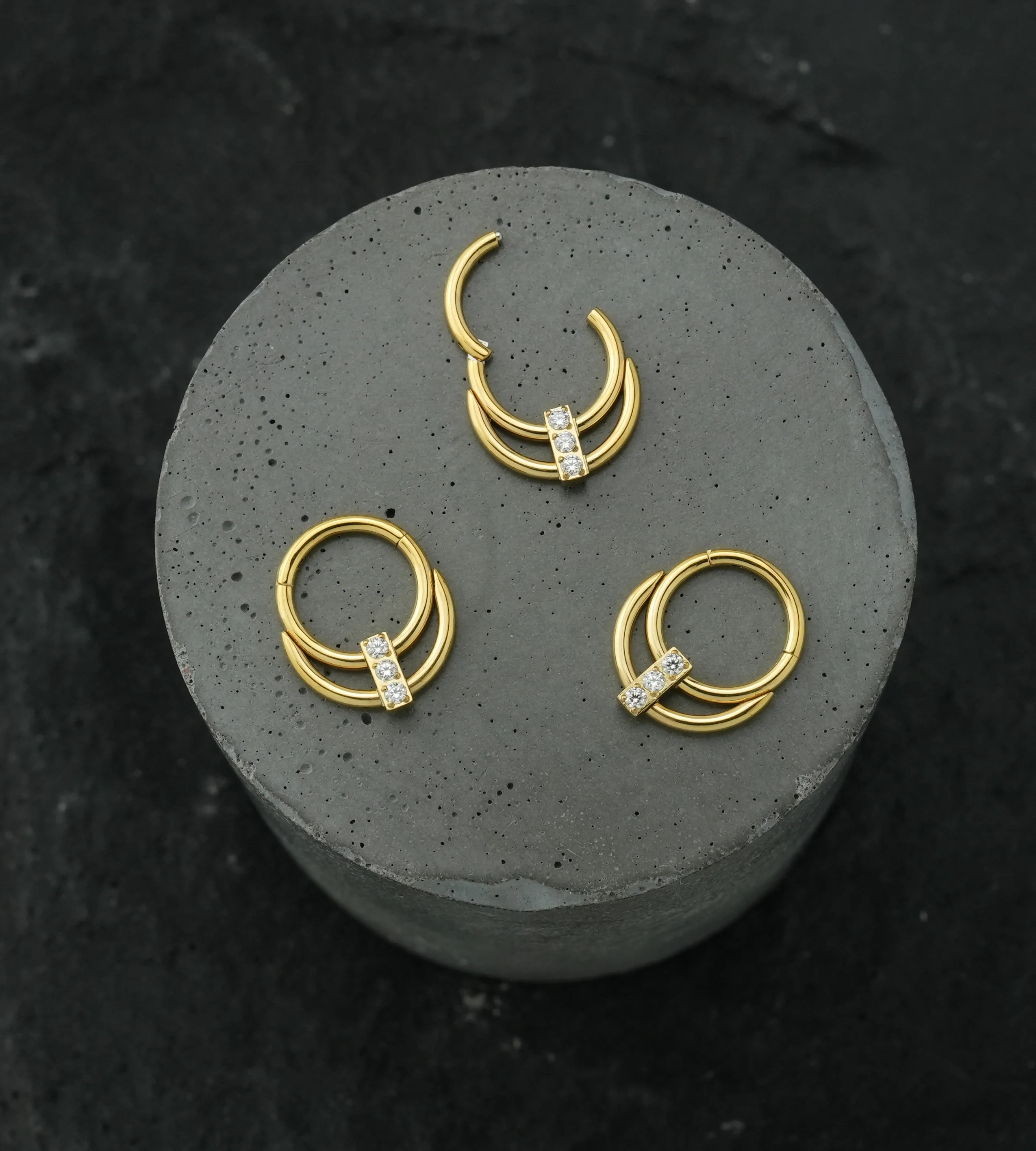 Gold PVD Double Hoop Triple Clear CZ Bar Stainless Steel Hinged Segment Ring - Image 2