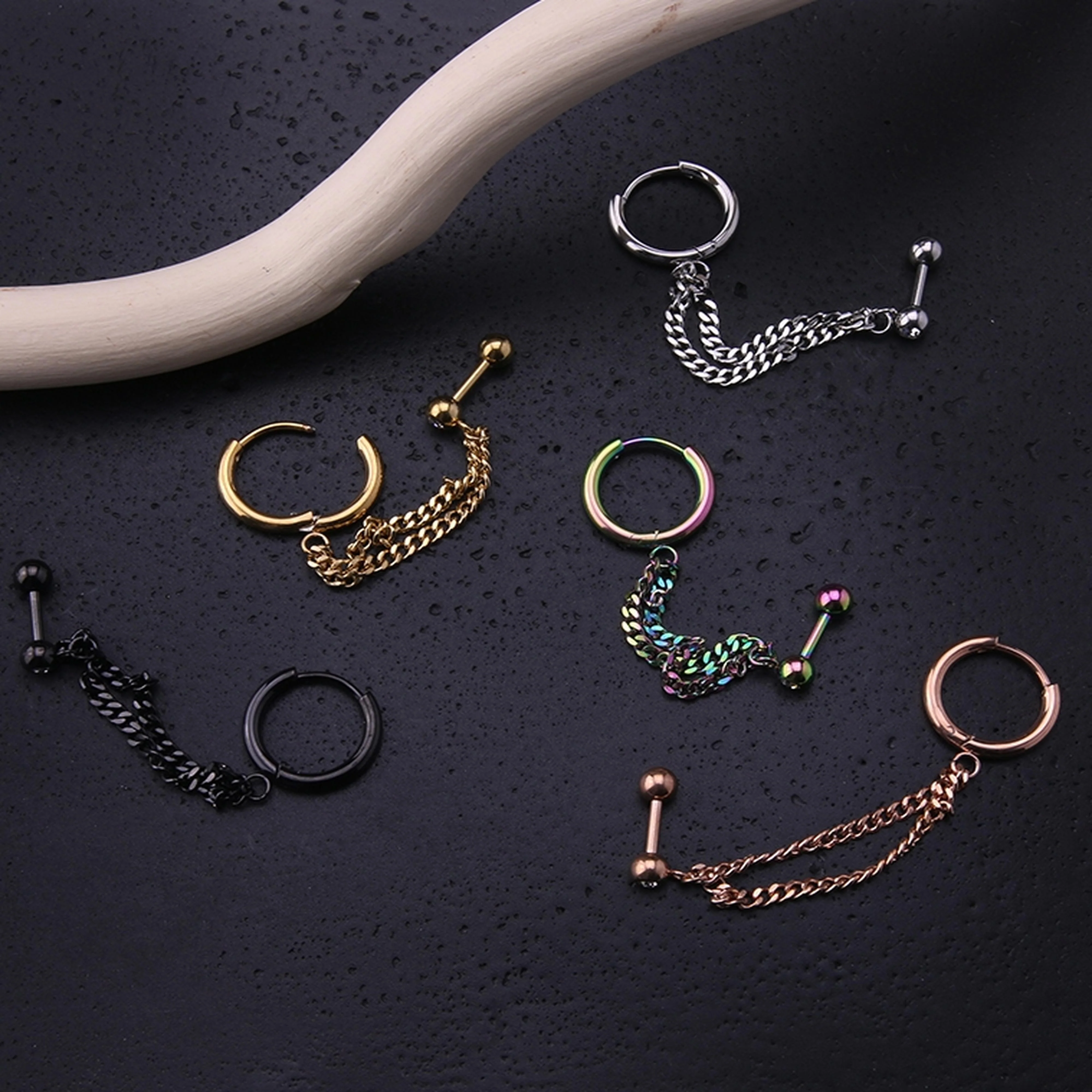 Gold PVD Double Linked Hinged Hoop Ring & CZ Cartilage Barbell - Image 2