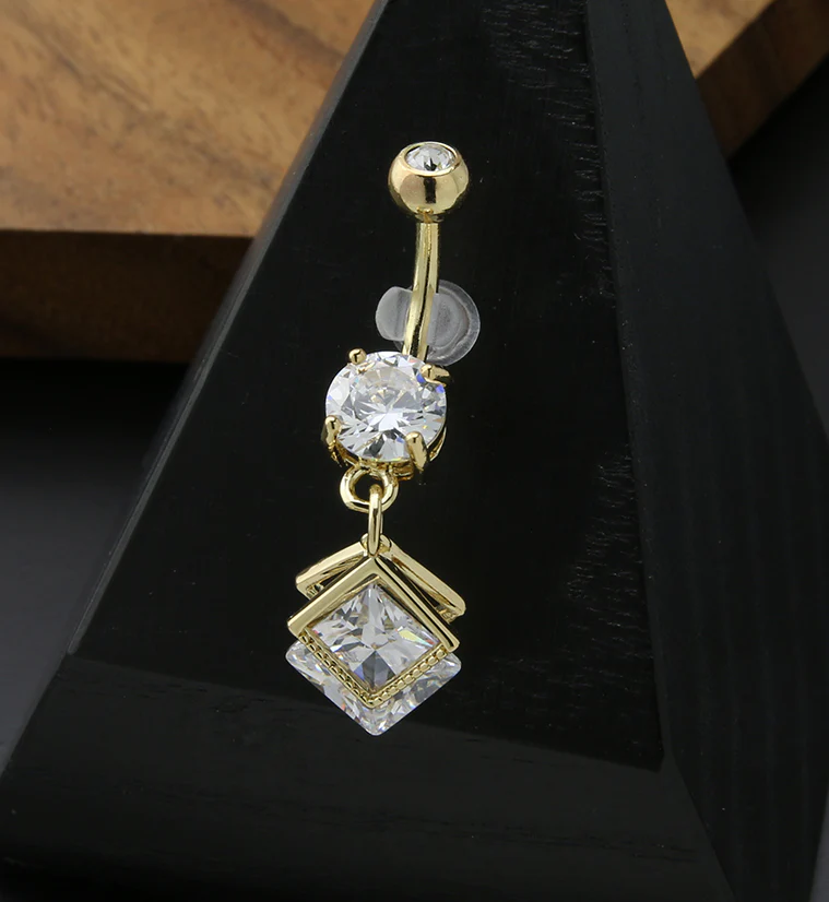 Gold PVD Double Square CZ Dangle Stainless Steel Belly Button Ring - Image 2