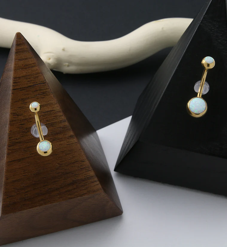 Gold PVD Double White Opalite Titanium Belly Button Ring - Image 2