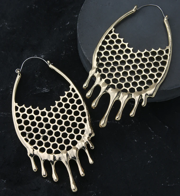 Dripping Golden Honeycomb Stainless Steel Plug Hoops - Image 2