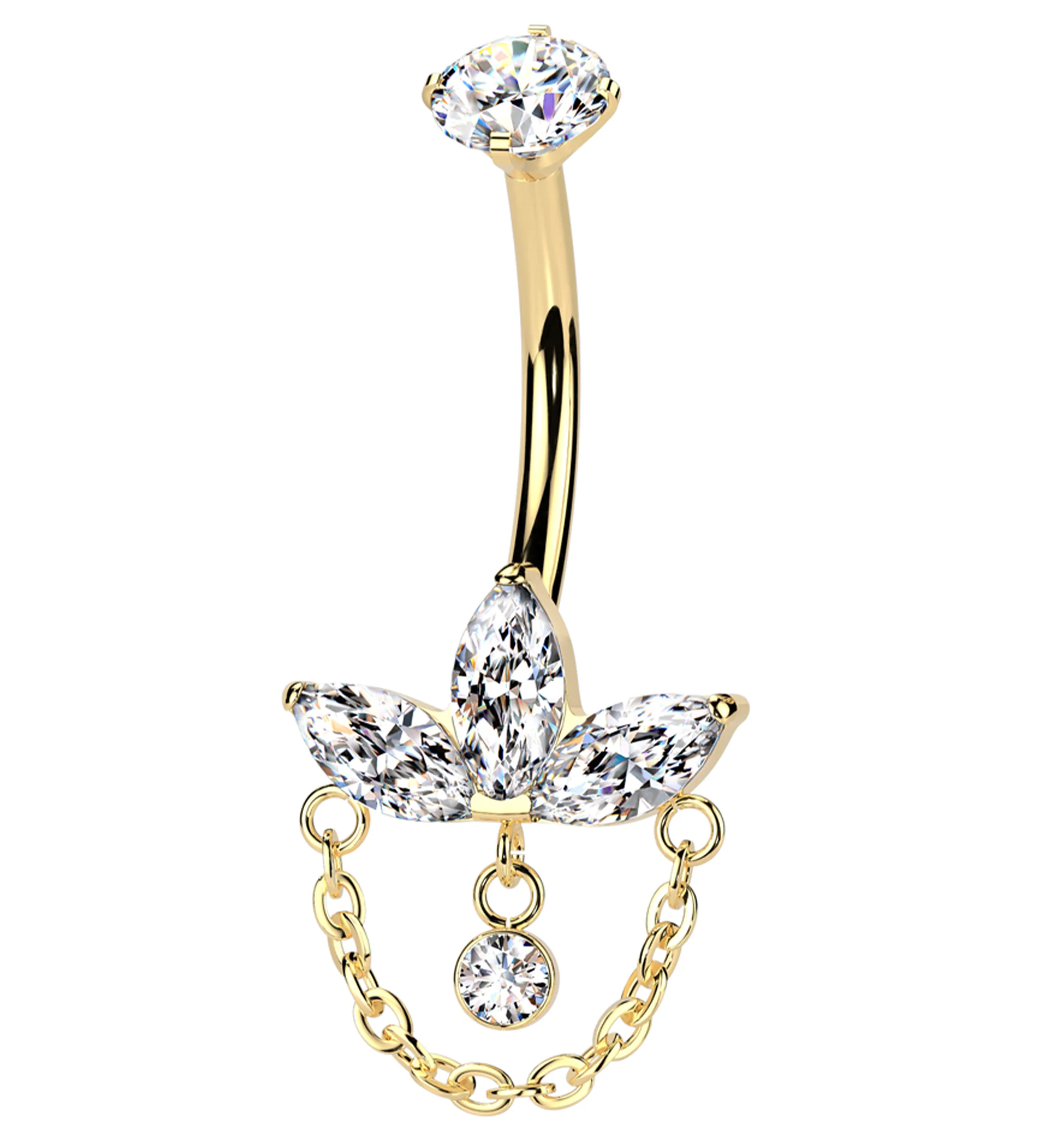 Gold PVD Empress Clear CZ Dangle Chain Titanium Internally Threaded Belly Button Ring