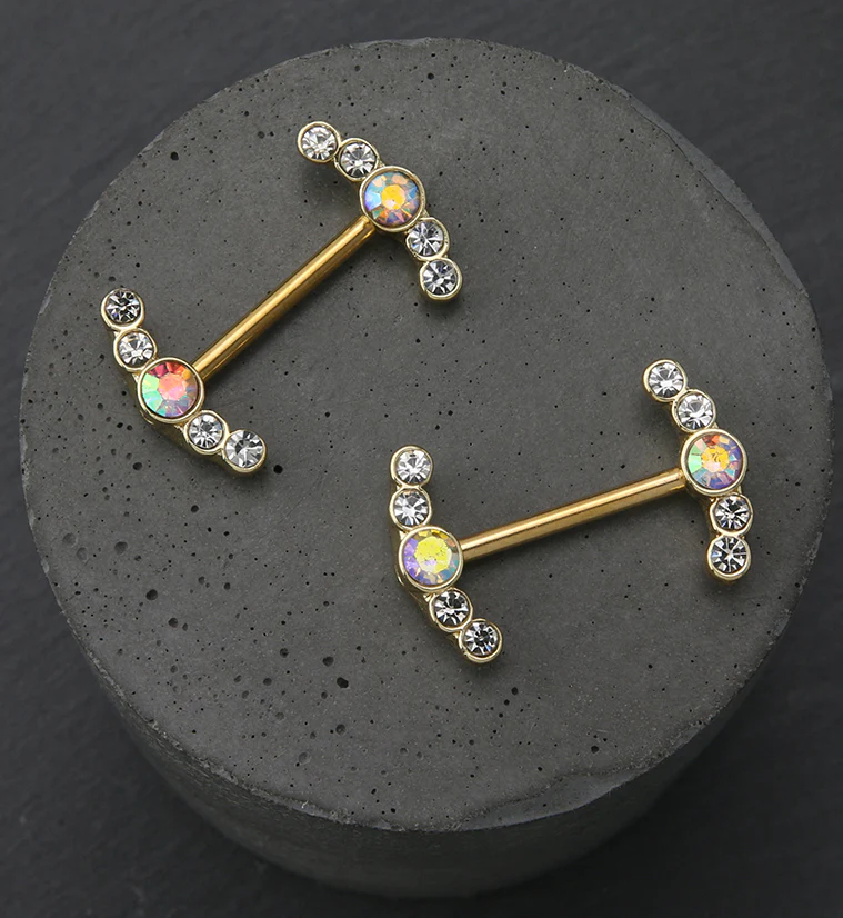 Gold PVD Enring Rainbow Aurora CZ Stainless Steel Nipple Barbell - Image 2