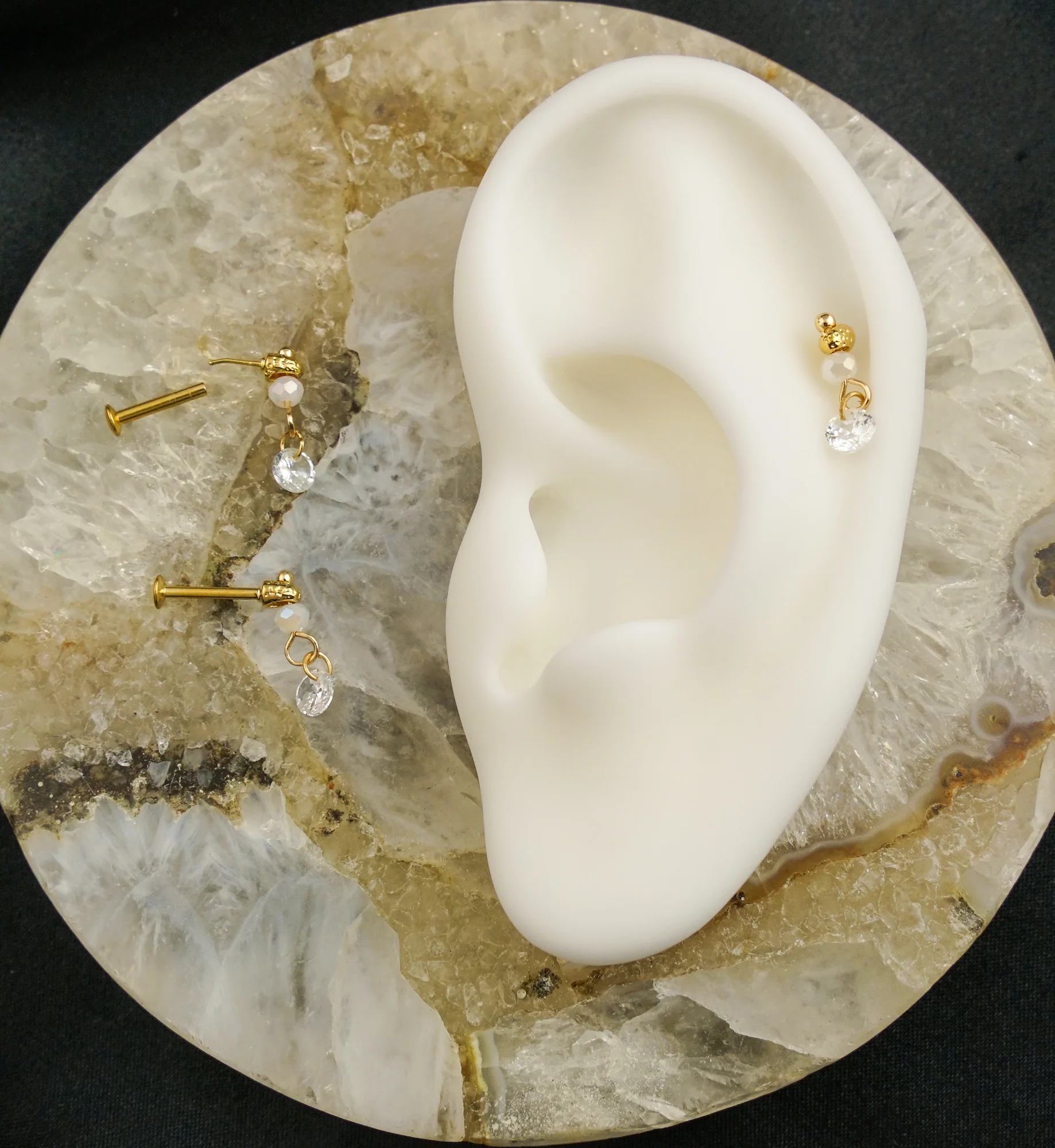 Gold PVD Faceted Bead Clear CZ Dangle Stainless Steel Convex Back Threadless Labret - Image 2