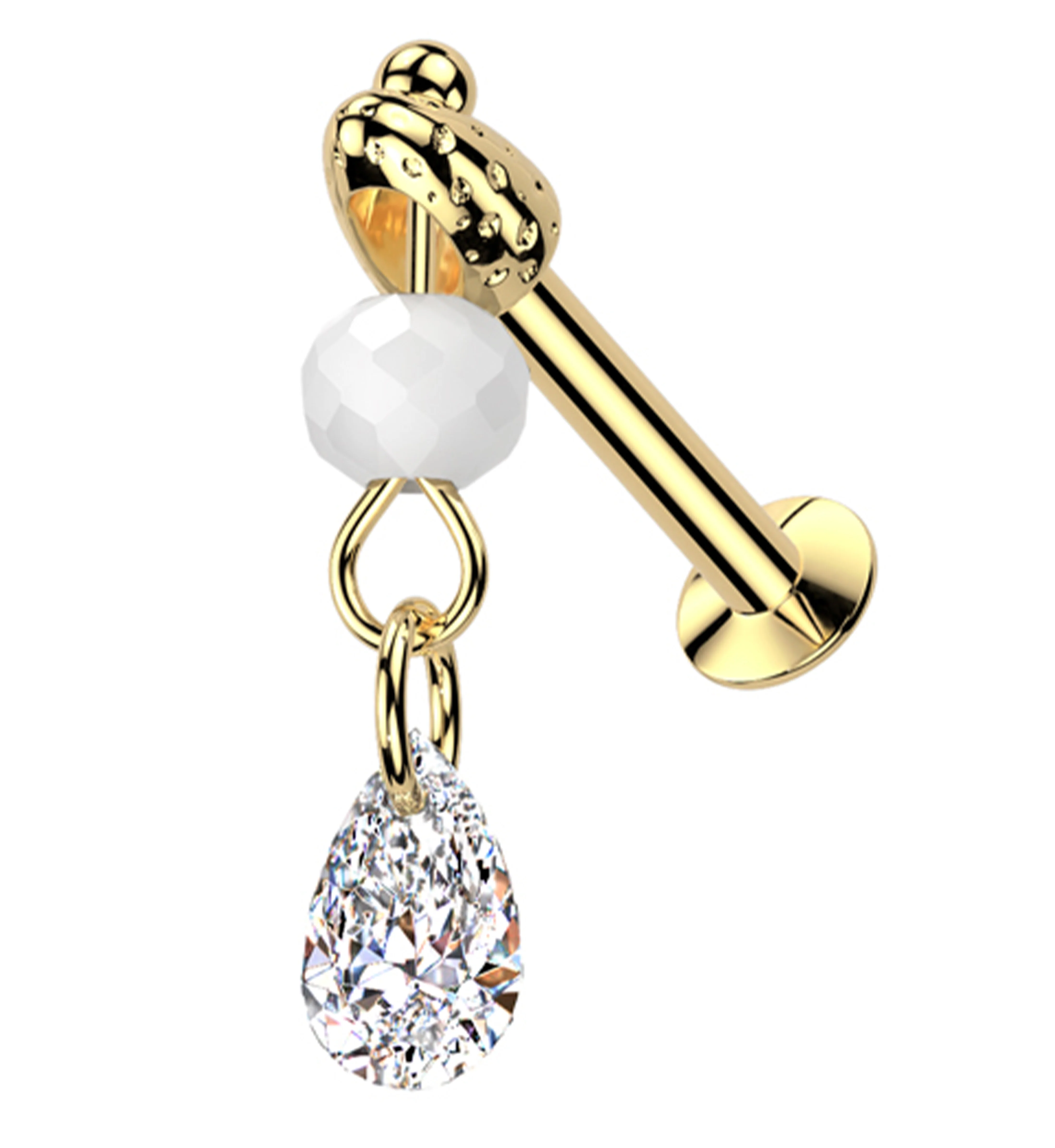 Gold PVD Faceted Bead Teardrop CZ Dangle Stainless Steel Convex Disc Threadless Labret
