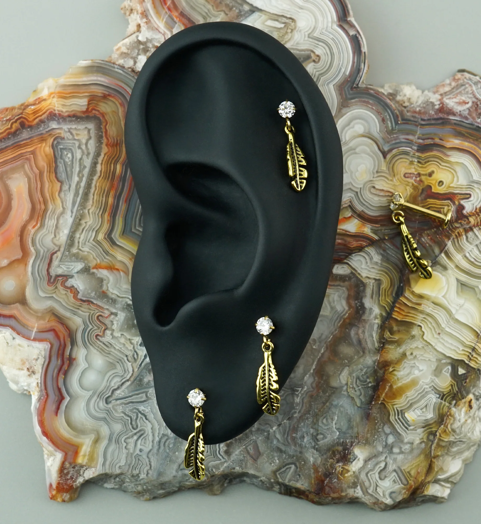 Gold PVD Feather Dangle CZ Stainless Steel Threadless Labret - Image 2
