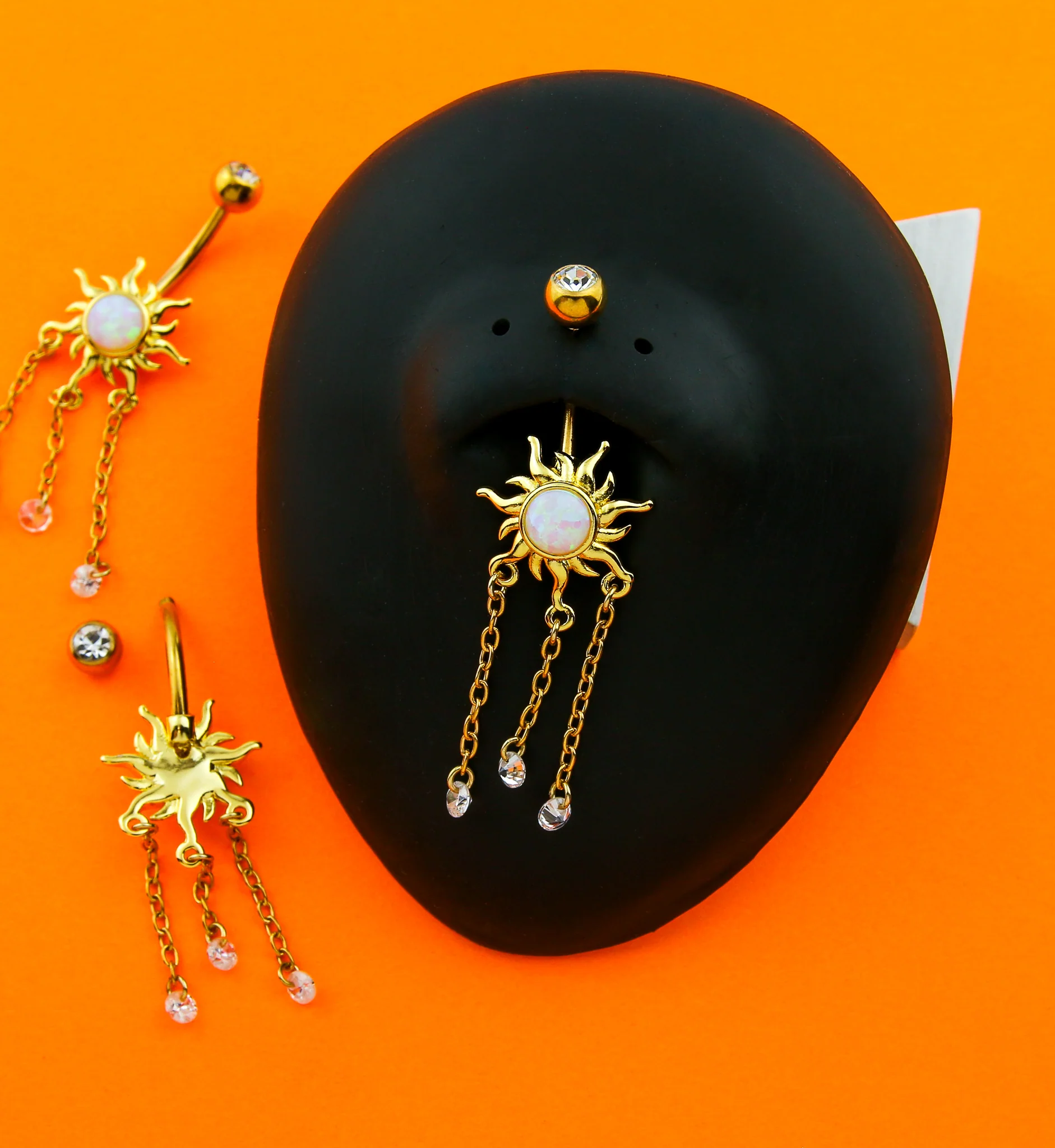Gold PVD Fiery Sun White Opalite Dangle Chains Stainless Steel Belly Button Ring - Image 2