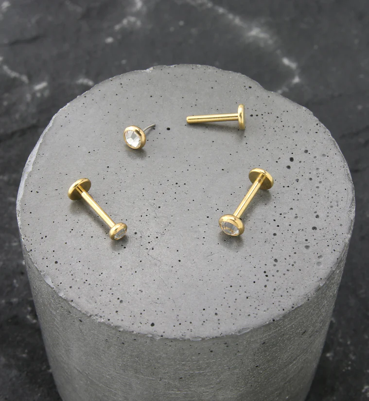 Gold PVD Flat Clear CZ Titanium Threadless Labret - Image 2