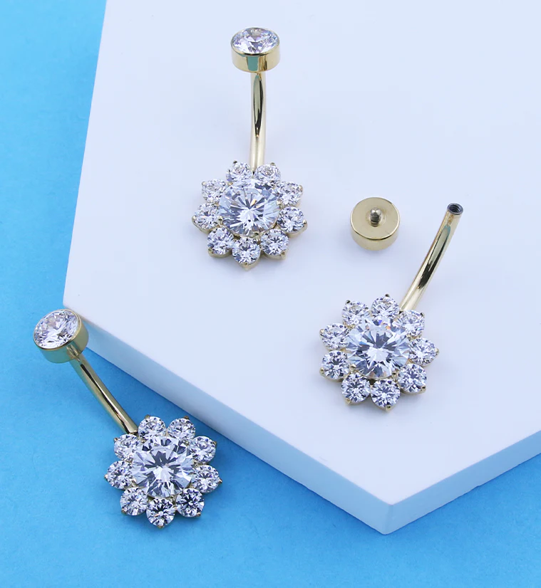 Gold PVD Flora Clear CZ Internally Threaded Titanium Belly Button Ring - Image 2