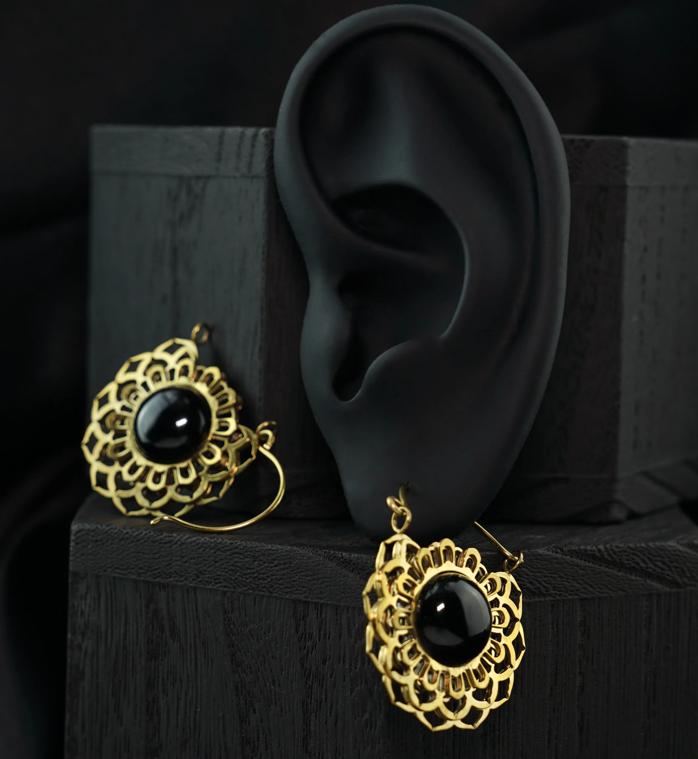 Gold PVD Floral Black Onyx Stone Inlay Stainless Steel Earrings - Image 2