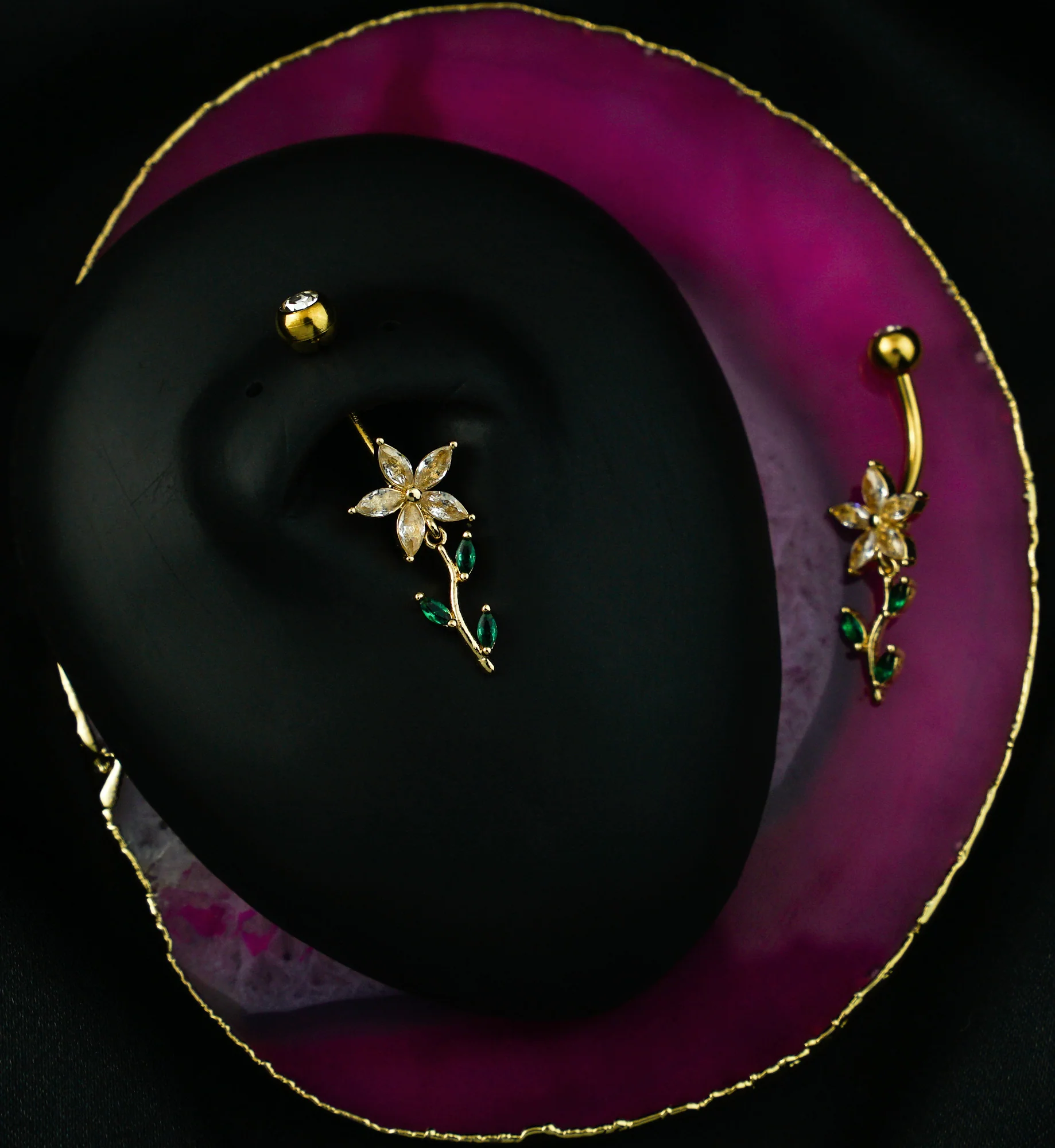 Gold PVD Flower Clear And Emerald CZ Dangle Stainless Steel Belly Button Ring - Image 2