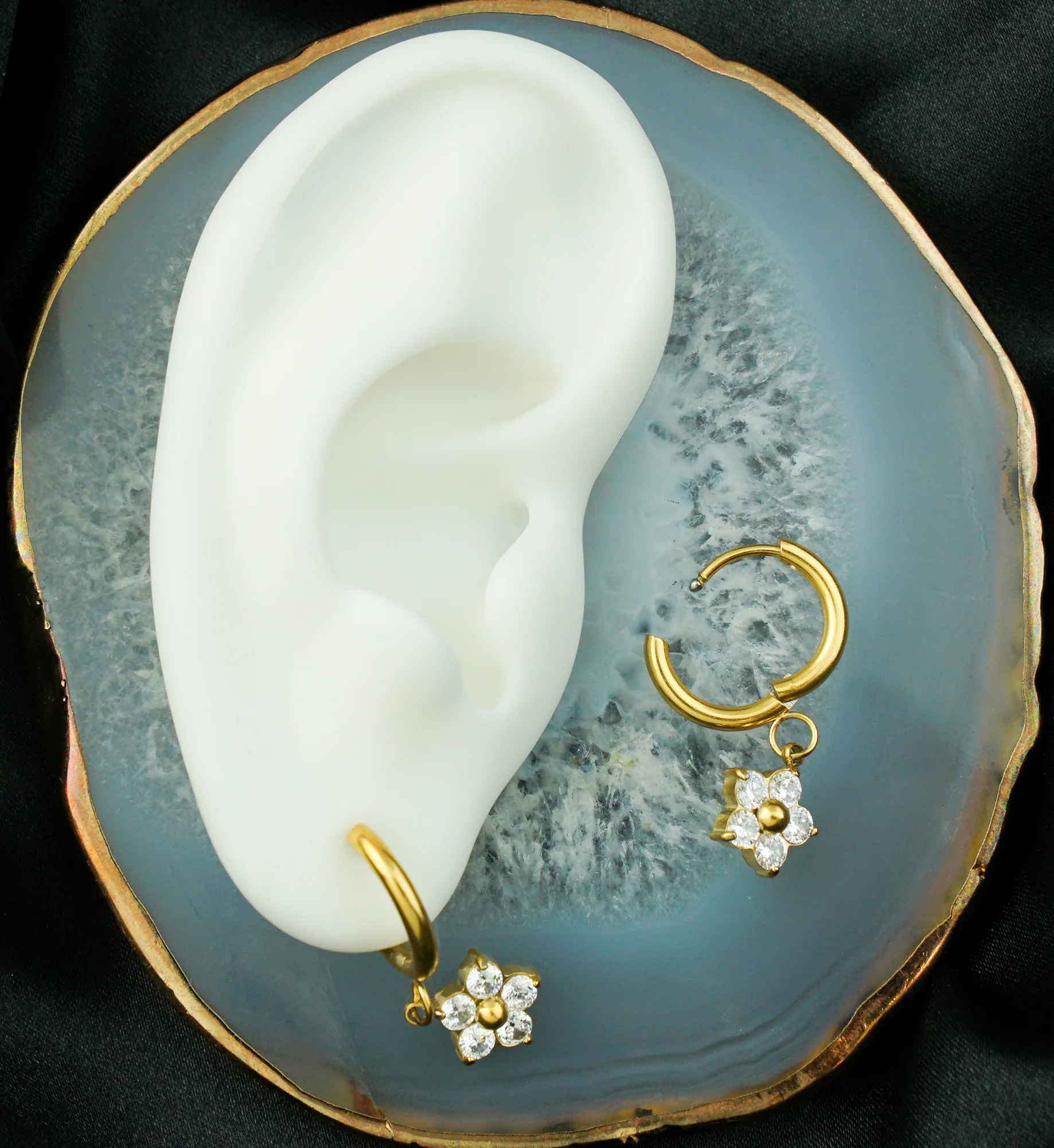 Gold PVD Flower Dangle Clear CZ Stainless Steel Hoop Earrings - Image 2