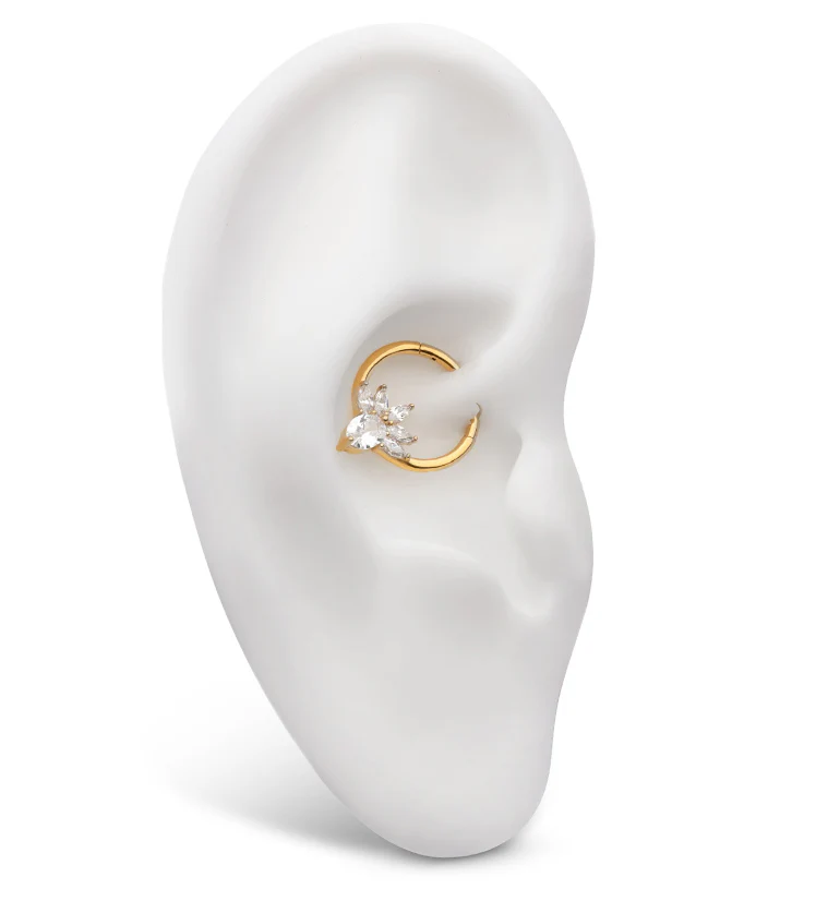 Gold PVD Flower Marquise Clear CZ Stainless Steel Hinged Segment Ring - Image 3