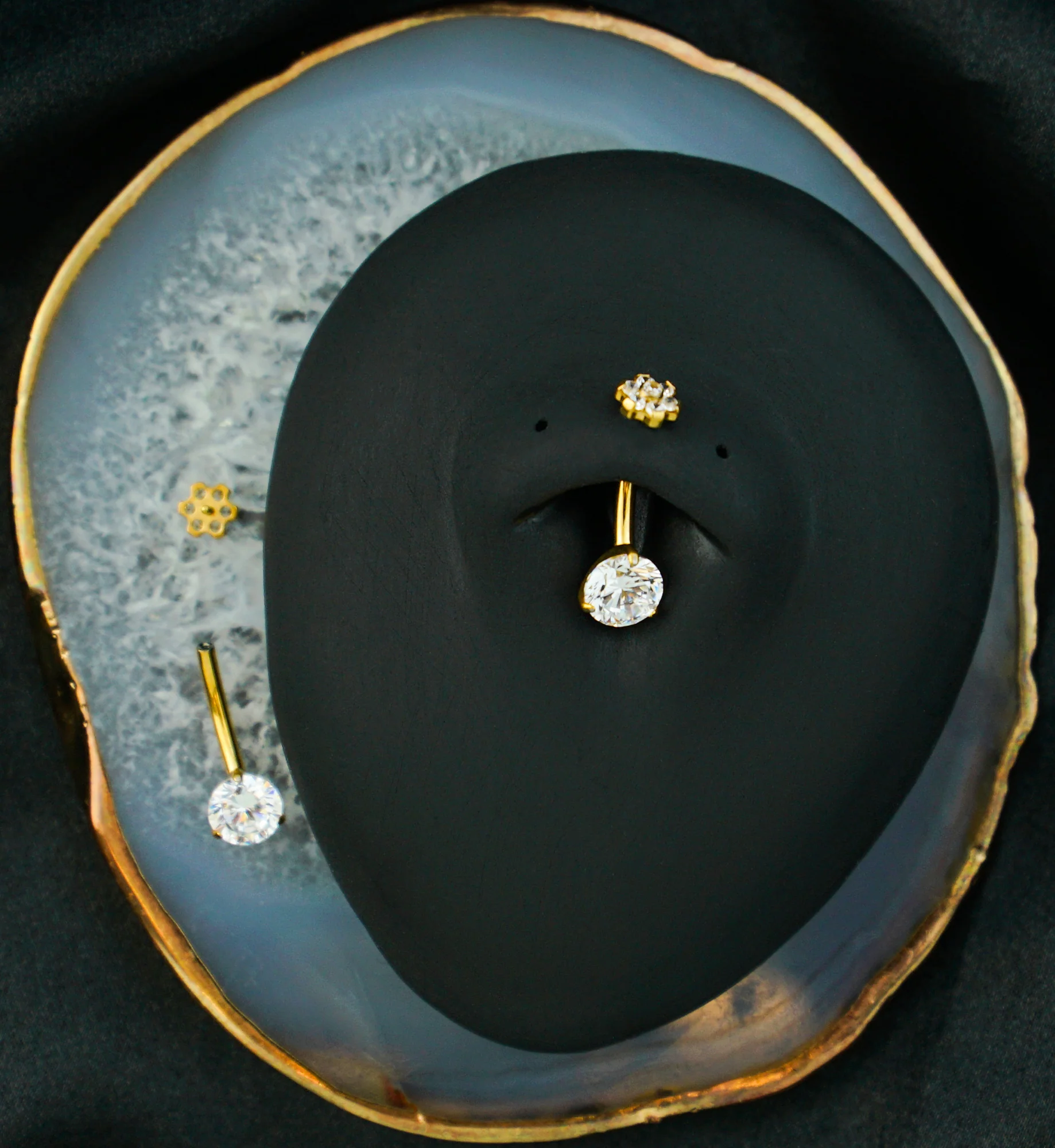 Gold PVD Flower Top Clear CZ Internally Threaded Titanium Belly Button Ring - Image 2