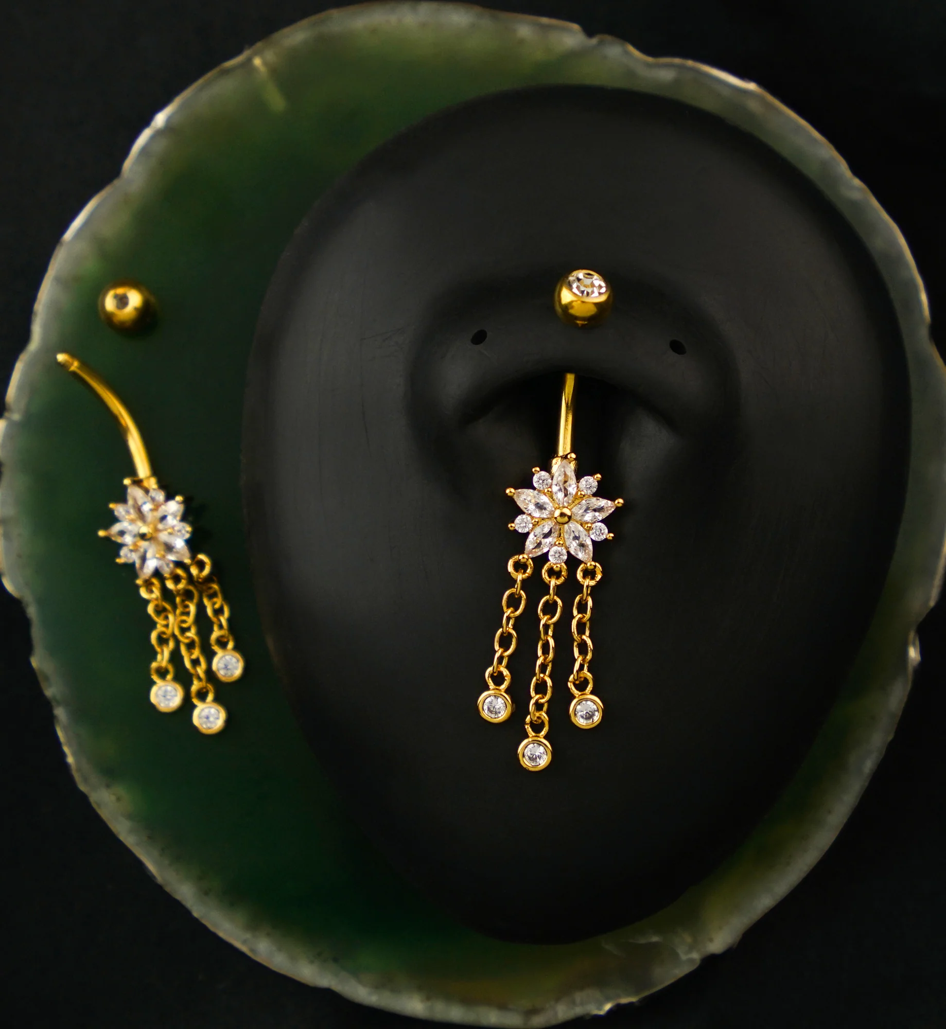 Gold PVD Flower Triple Clear CZ Dangle Stainless Steel Belly Button Ring - Image 2
