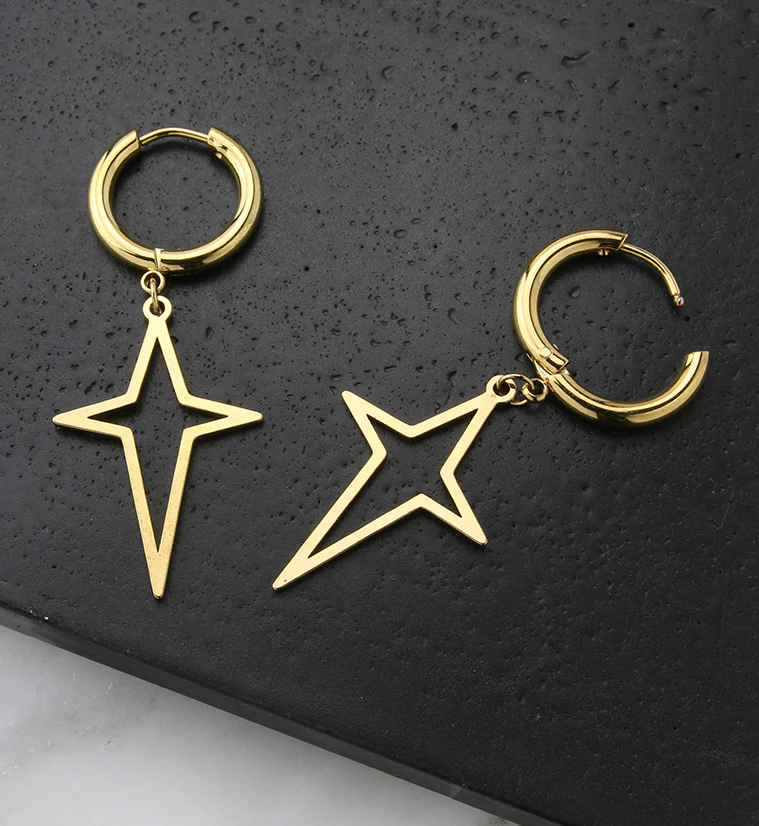 Gold PVD Four Point Star Stainless Steel Hinged Earrings - Image 2