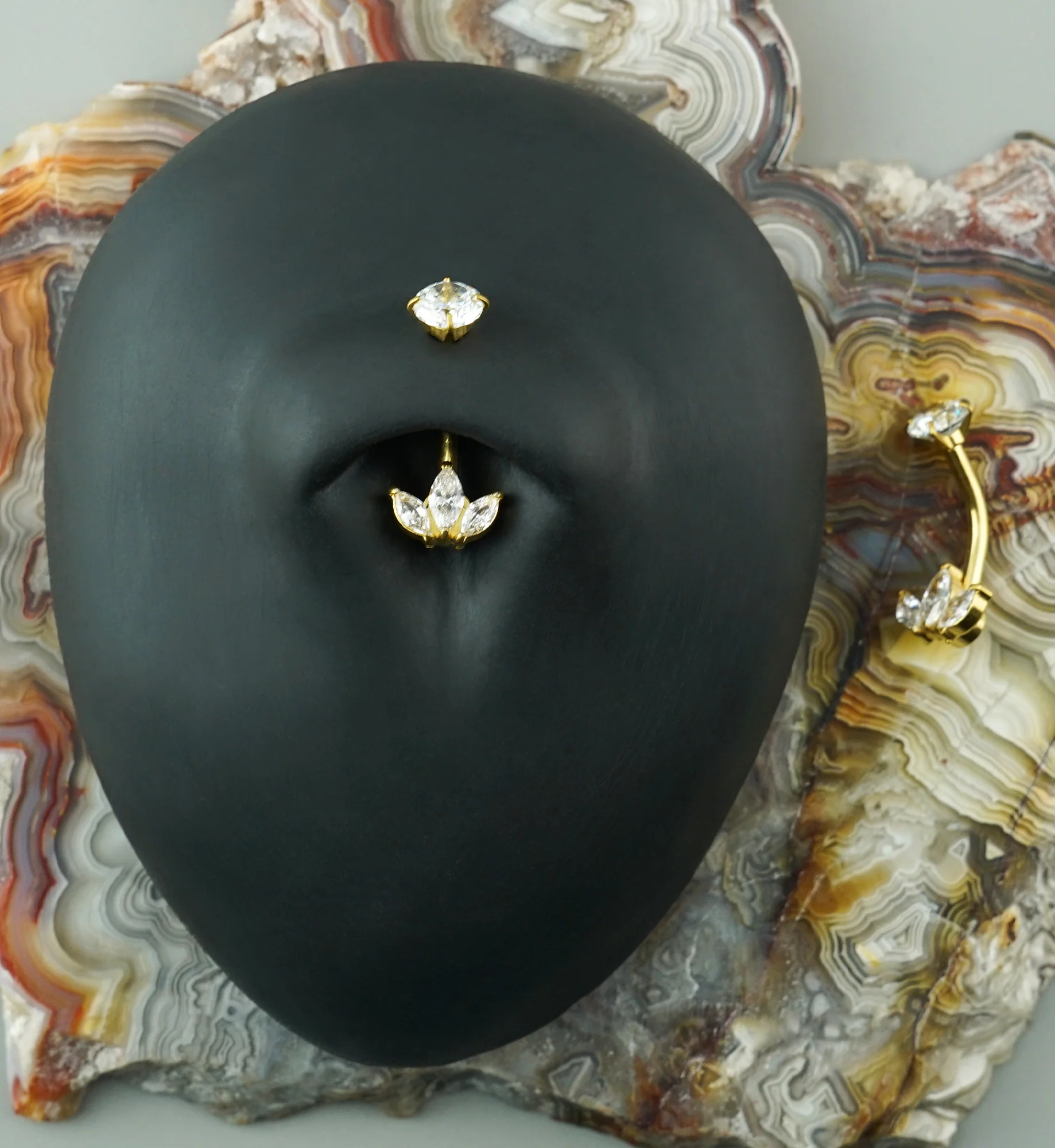 Gold PVD Frond CZ Stainless Steel Internally Threaded Belly Button Ring - Image 2