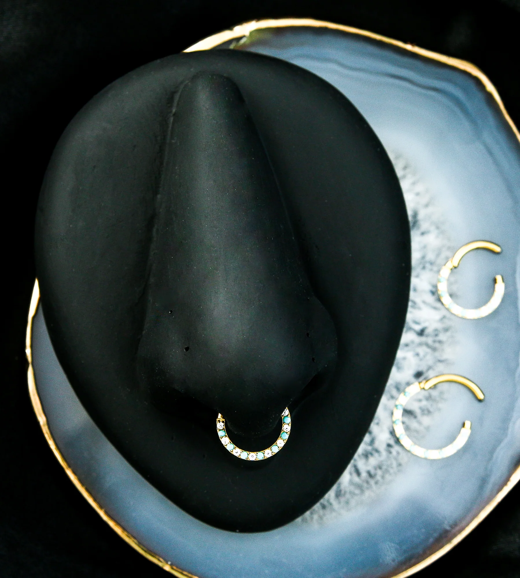 Gold PVD Front Facing Clear CZ Turquoise Titanium Hinged Segment Ring - Image 3