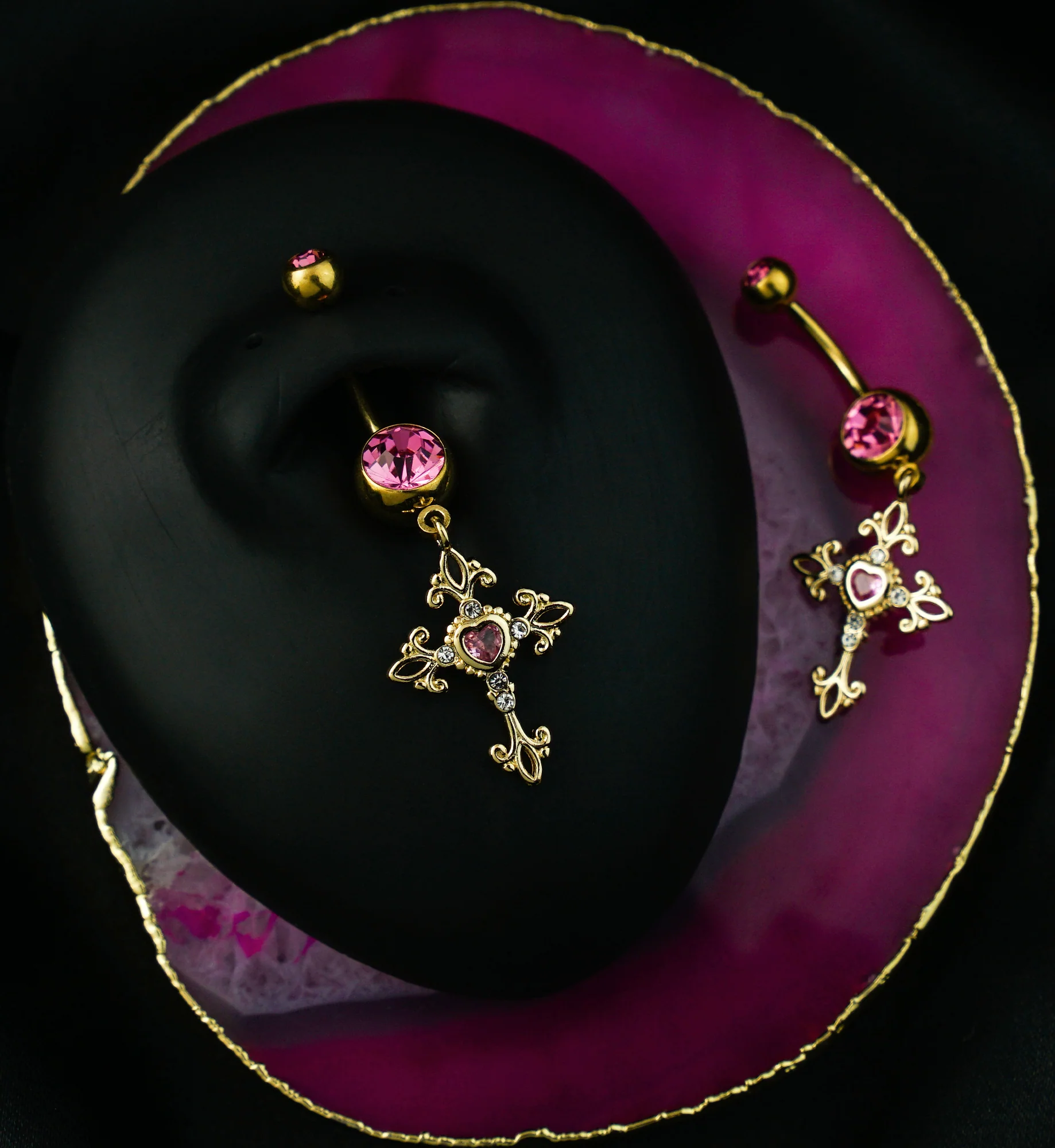 Gold PVD Gothic Cross Pink CZ Dangle Stainless Steel Belly Button Ring - Image 2