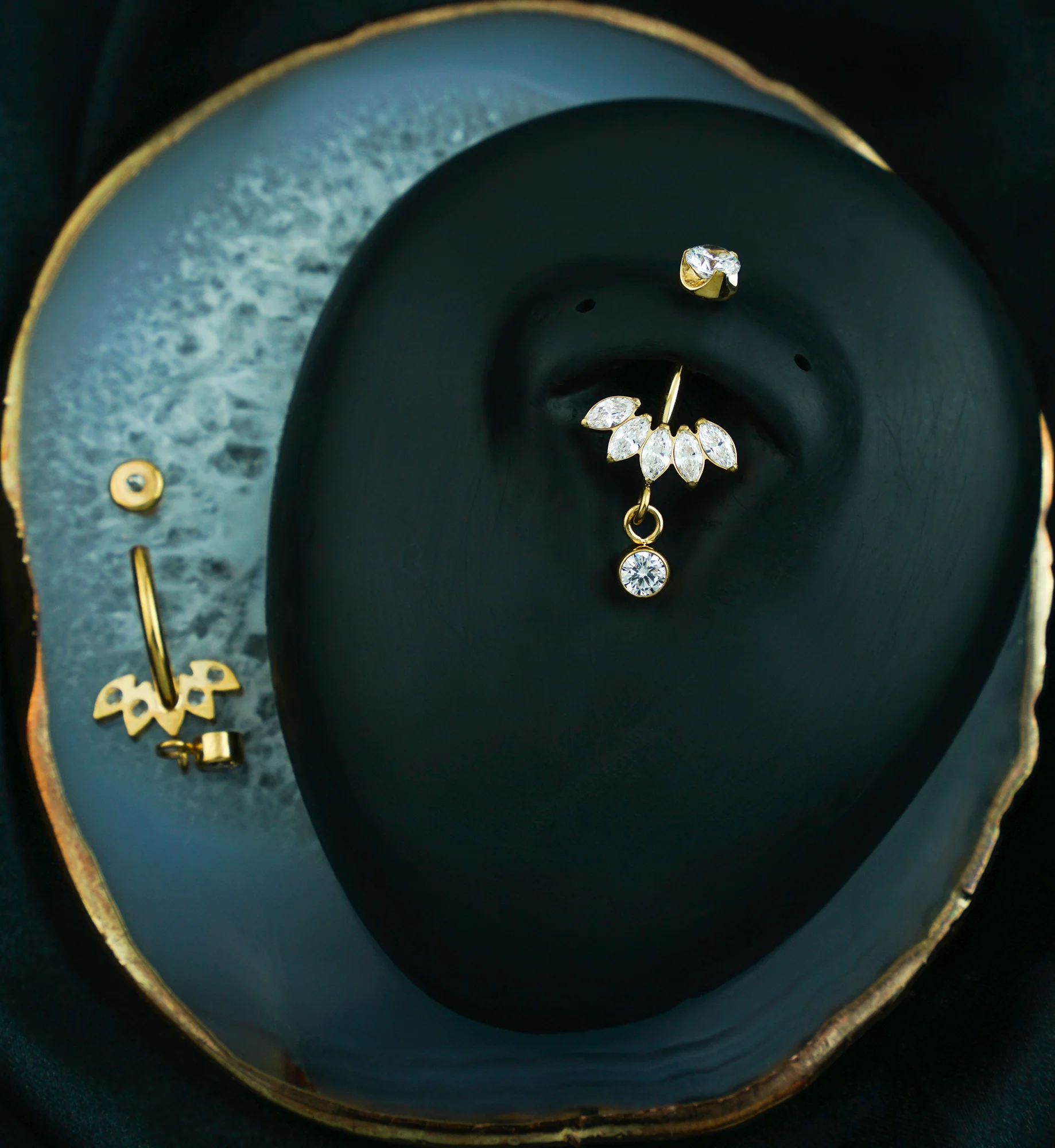 Gold PVD Half Crown Dangle Clear CZ Titanium Internally Threaded Belly Button Ring - Image 2