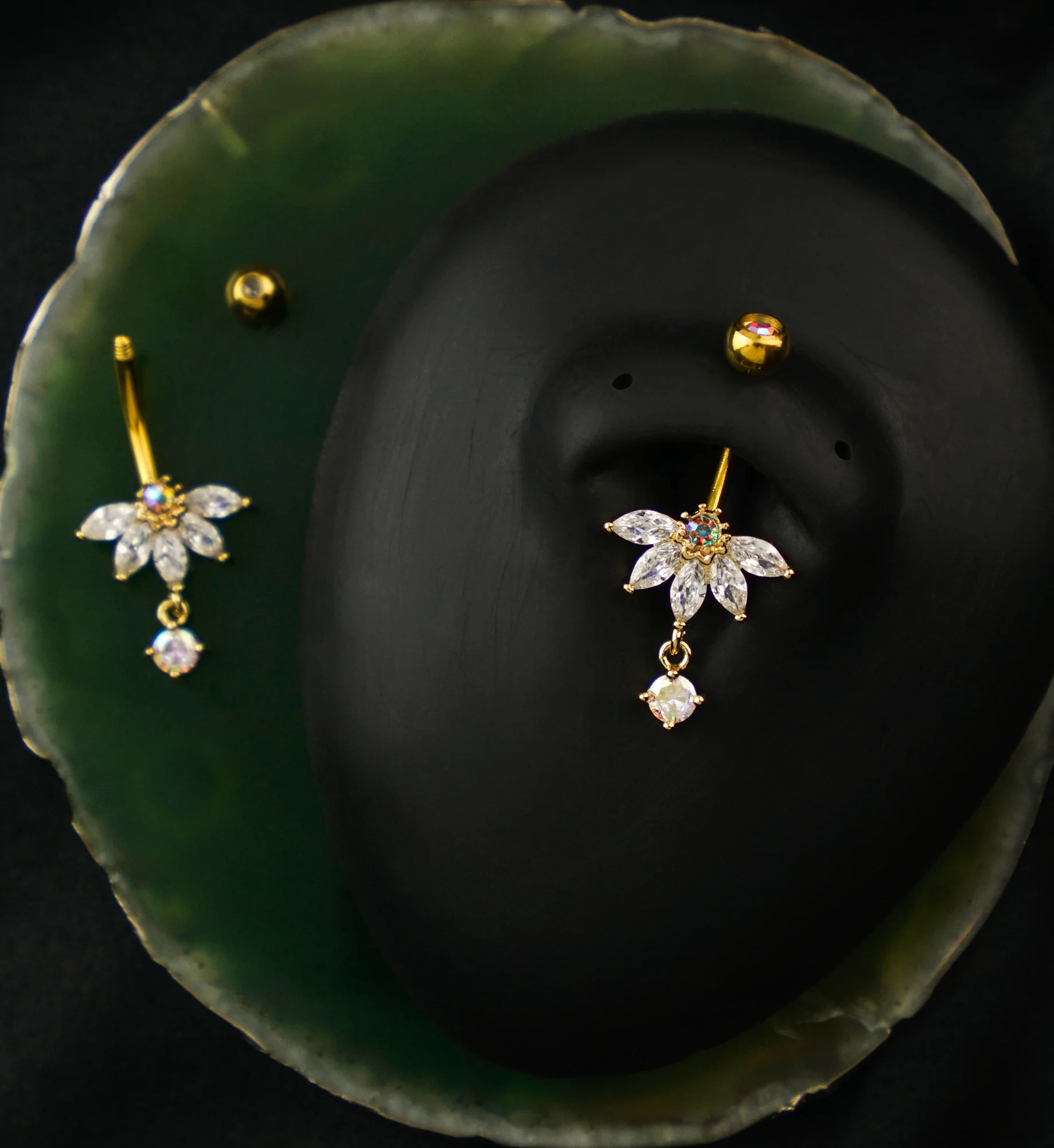 Gold PVD Half Flower Clear And Rainbow Aurora CZ Dangle Stainless Steel Belly Button Ring - Image 2
