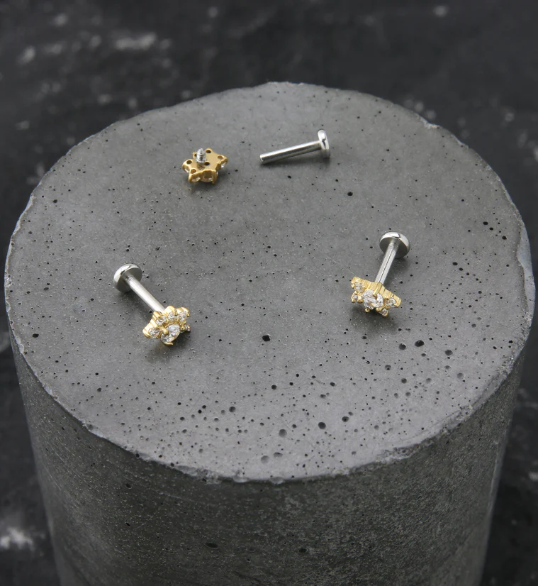 Gold PVD Half Flower Clear CZ Stainless Steel Internally Threaded Labret - Image 2