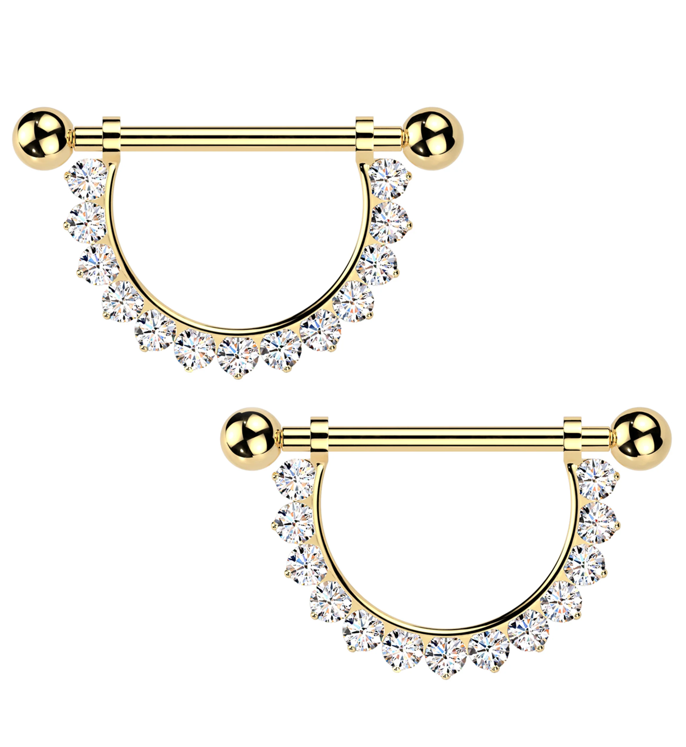 Gold PVD Halo Clear CZ Internally Threaded Titanium Nipple Barbells
