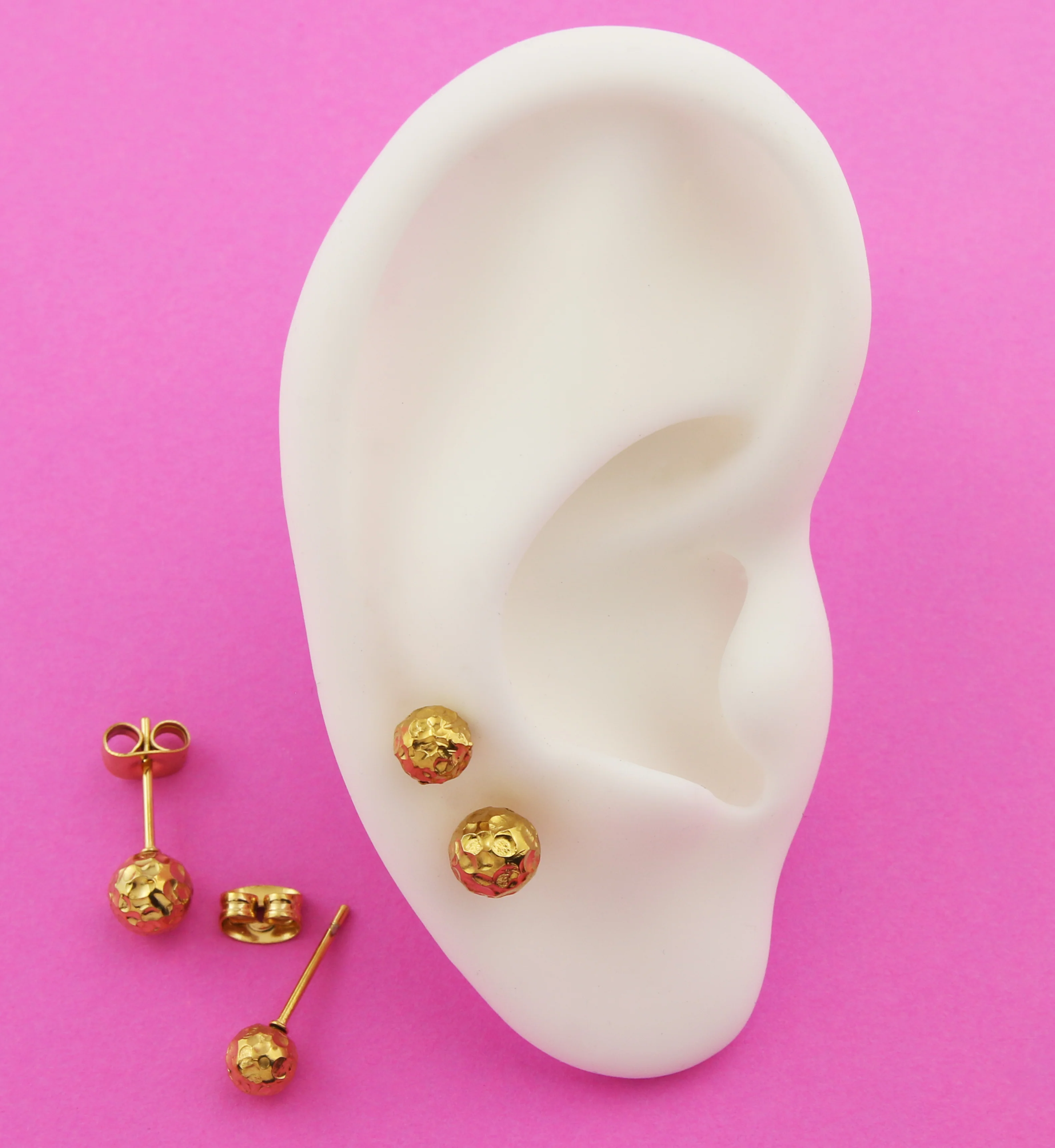 Gold PVD Hammered Ball Stainless Steel Stud Earrings - Image 2