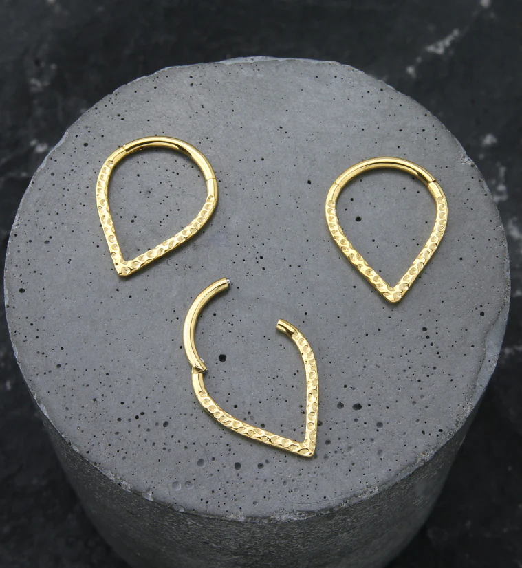 Gold PVD Hammered Teardrop Stainless Steel Hinged Segment Ring - Image 2