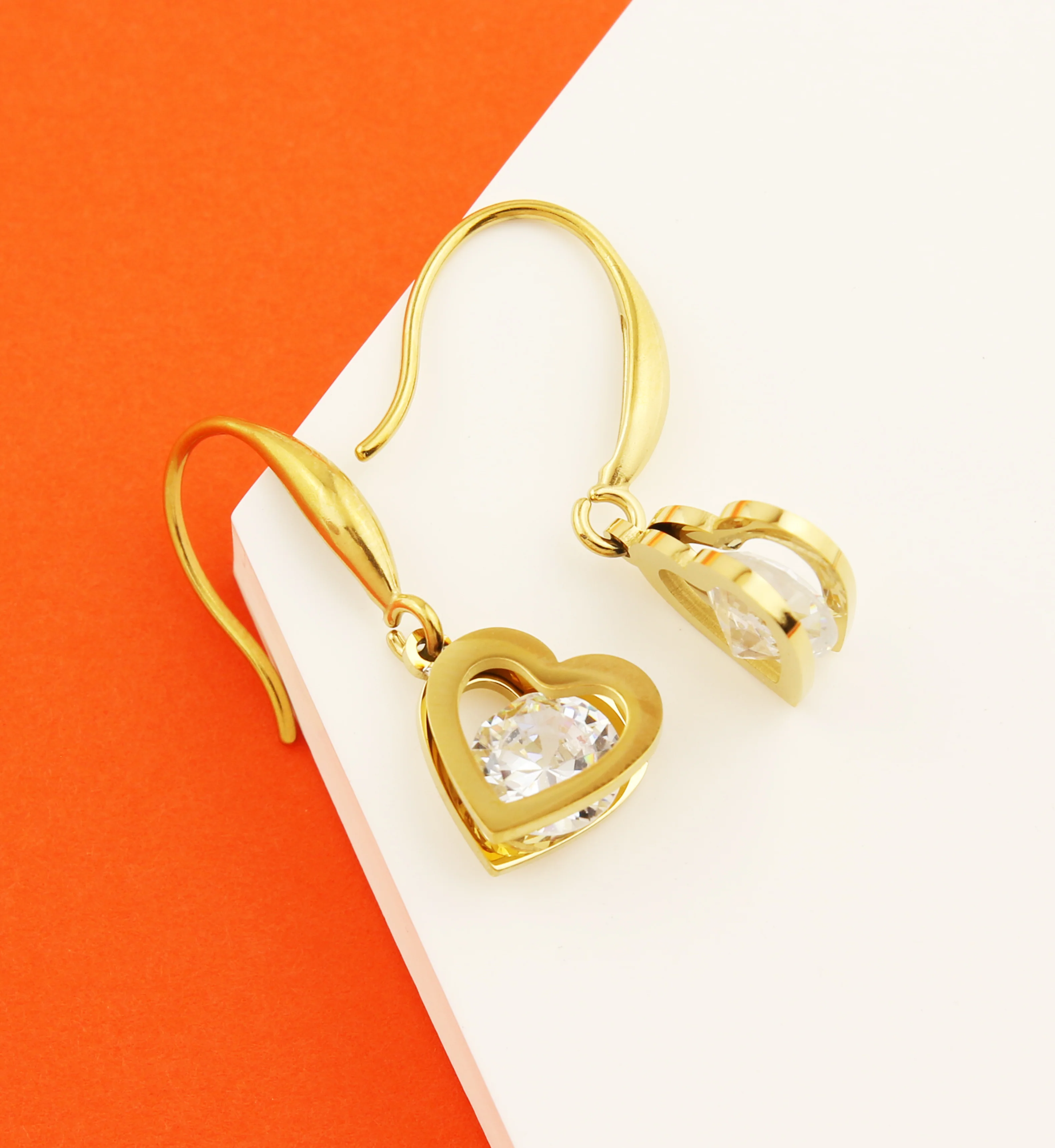 Gold PVD Heart Clear CZ Dangle Stainless Steel Earrings - Image 2