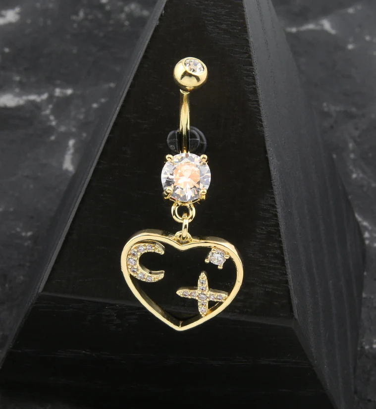 Gold PVD Heart Cutout Crescent Moon and Star CZ Dangle Belly Button Ring - Image 2