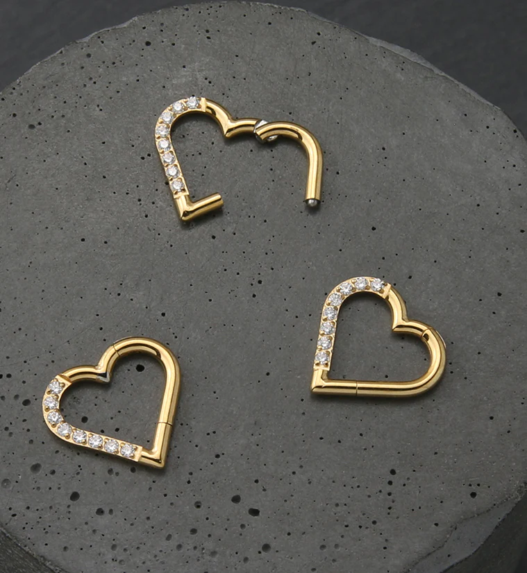 Gold PVD Heart Half CZ Titanium Hinged Segment Ring - Image 2