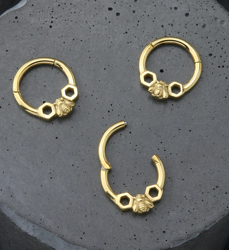 Gold PVD Honeycomb Bee Stainless Steel Hinged Segment Ring - Image 2