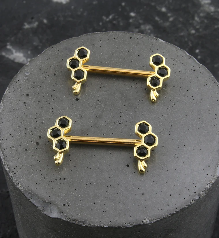 Gold PVD Honeycomb Drip Black CZ Stainless Steel Nipple Barbell - Image 2